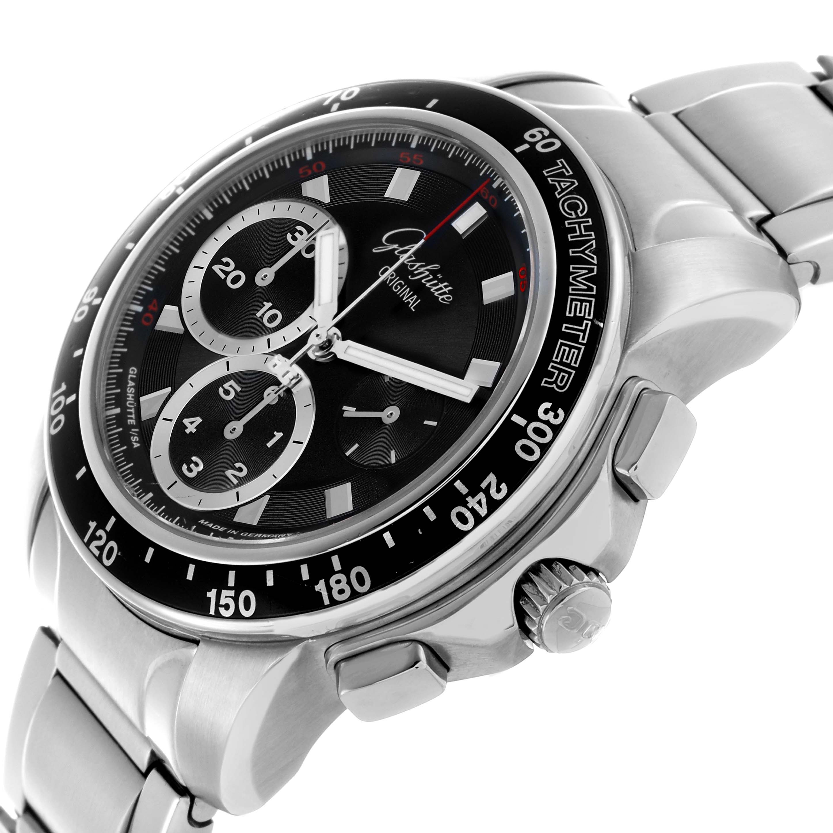 The Glashütte Original watch is shown at an angled view, highlighting the dial, bezel, and side pushers.