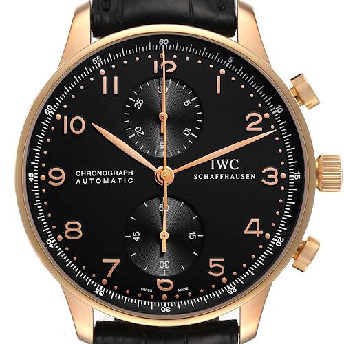 Photo of IWC Portuguese Chronograph Black Dial Rose Gold Mens Watch IW371415 Box Card