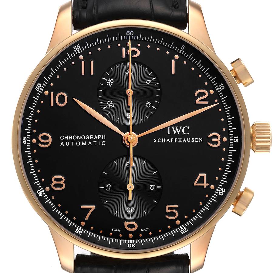 IWC Portuguese Chronograph Black Dial Rose Gold Mens Watch IW371415 Box Card SwissWatchExpo