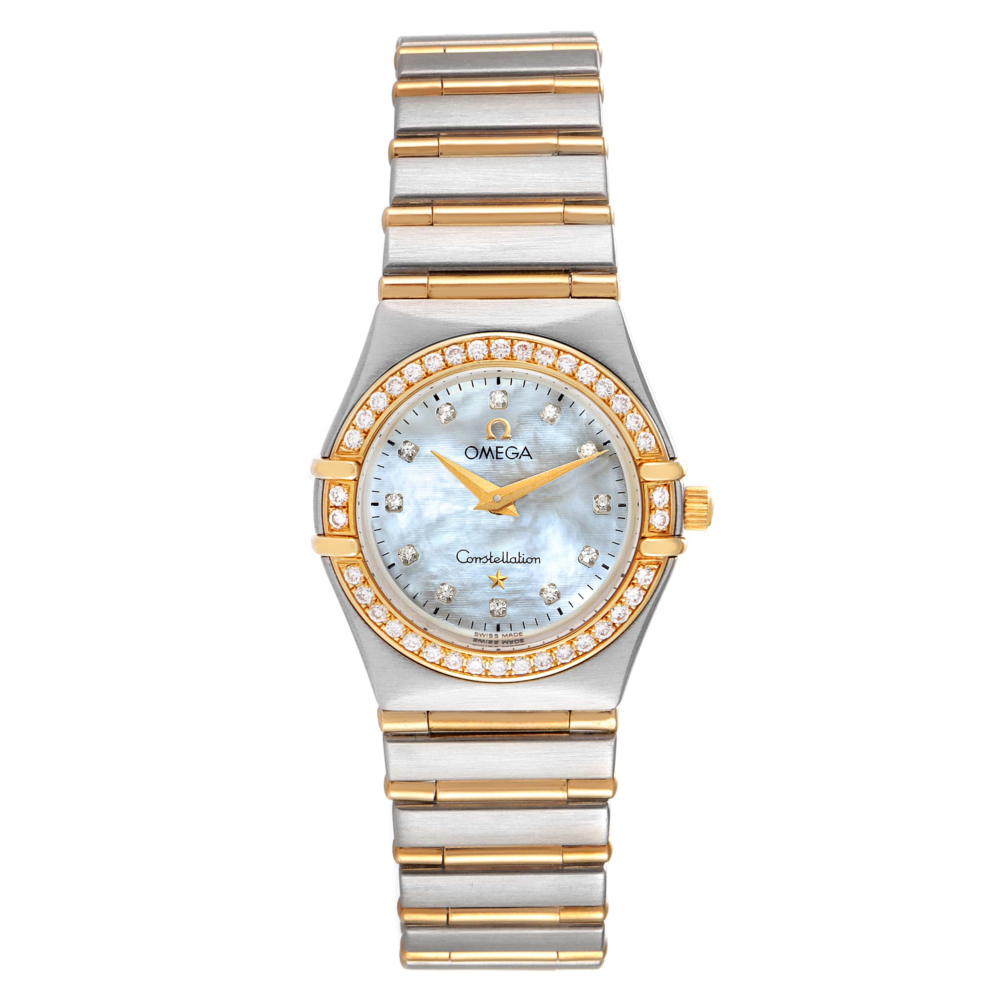 The image shows a front view of the Omega 1277.75.00 Women
s Steel and Gold (two tone) Mother of Pearl Dial 1277.75.00 Women
s Steel and Gold (two tone) Mother of Pearl Dial Constellation 95 Steel Yellow Gold MOP Diamond Ladies Watch model 1277.75.00.