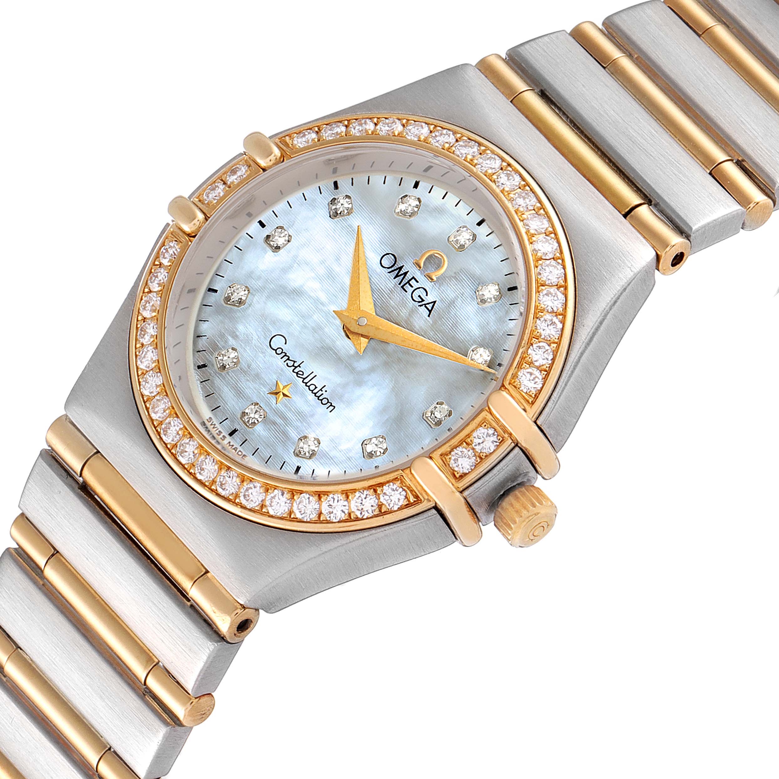 This image shows an angled view of the Omega 1277.75.00 Women
s Steel and Gold (two tone) Mother of Pearl Dial 1277.75.00 Women
s Steel and Gold (two tone) Mother of Pearl Dial Constellation 95 Steel Yellow Gold MOP Diamond Ladies Watch 1277.75.00, highlighting the face, bezel, and part of the bracelet.