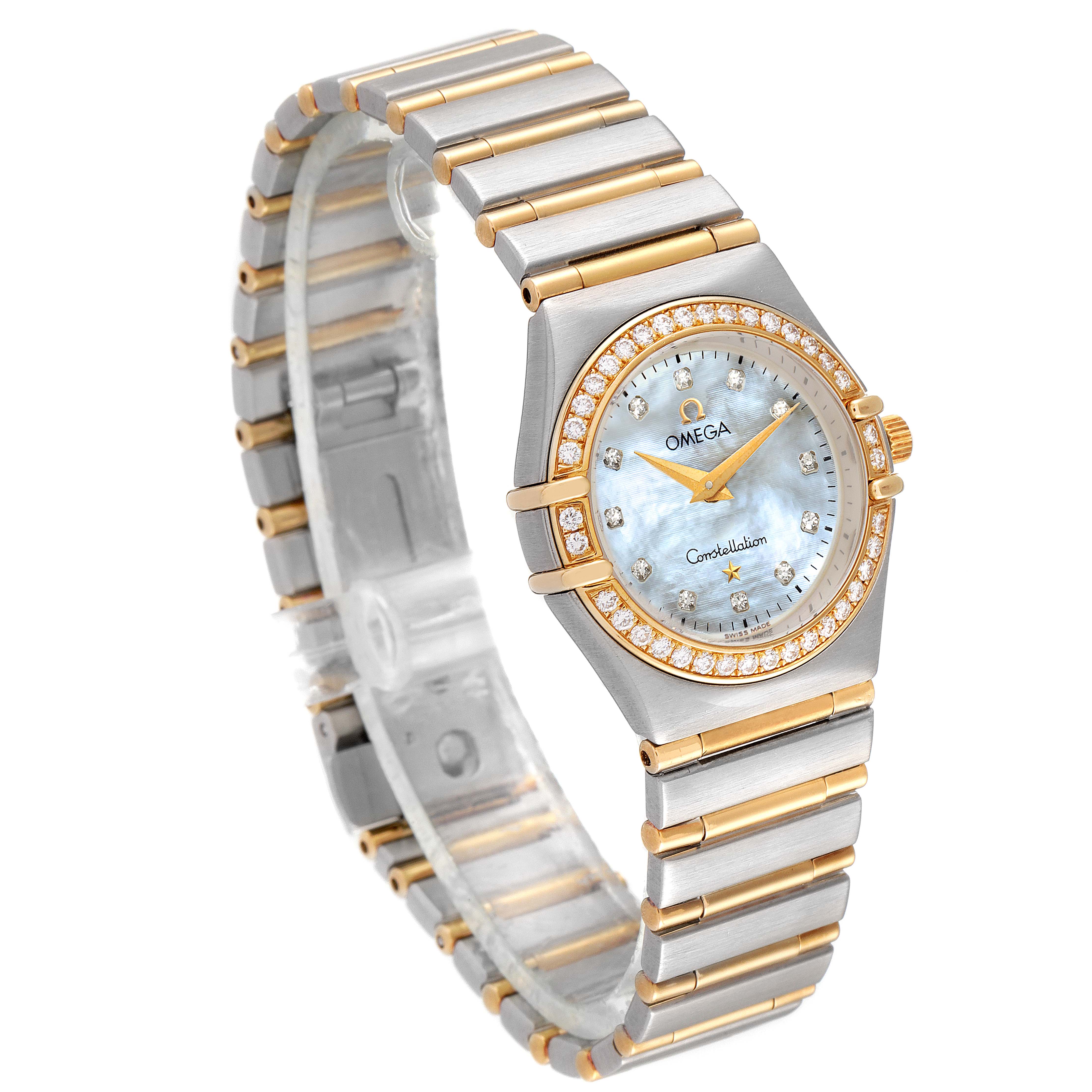 The Omega 1277.75.00 Women
s Steel and Gold (two tone) Mother of Pearl Dial 1277.75.00 Women
s Steel and Gold (two tone) Mother of Pearl Dial Constellation 95 Steel Yellow Gold MOP Diamond Ladies Watch 1277.75.00 is shown from a front-side angle highlighting the dial, bezel, and bracelet.