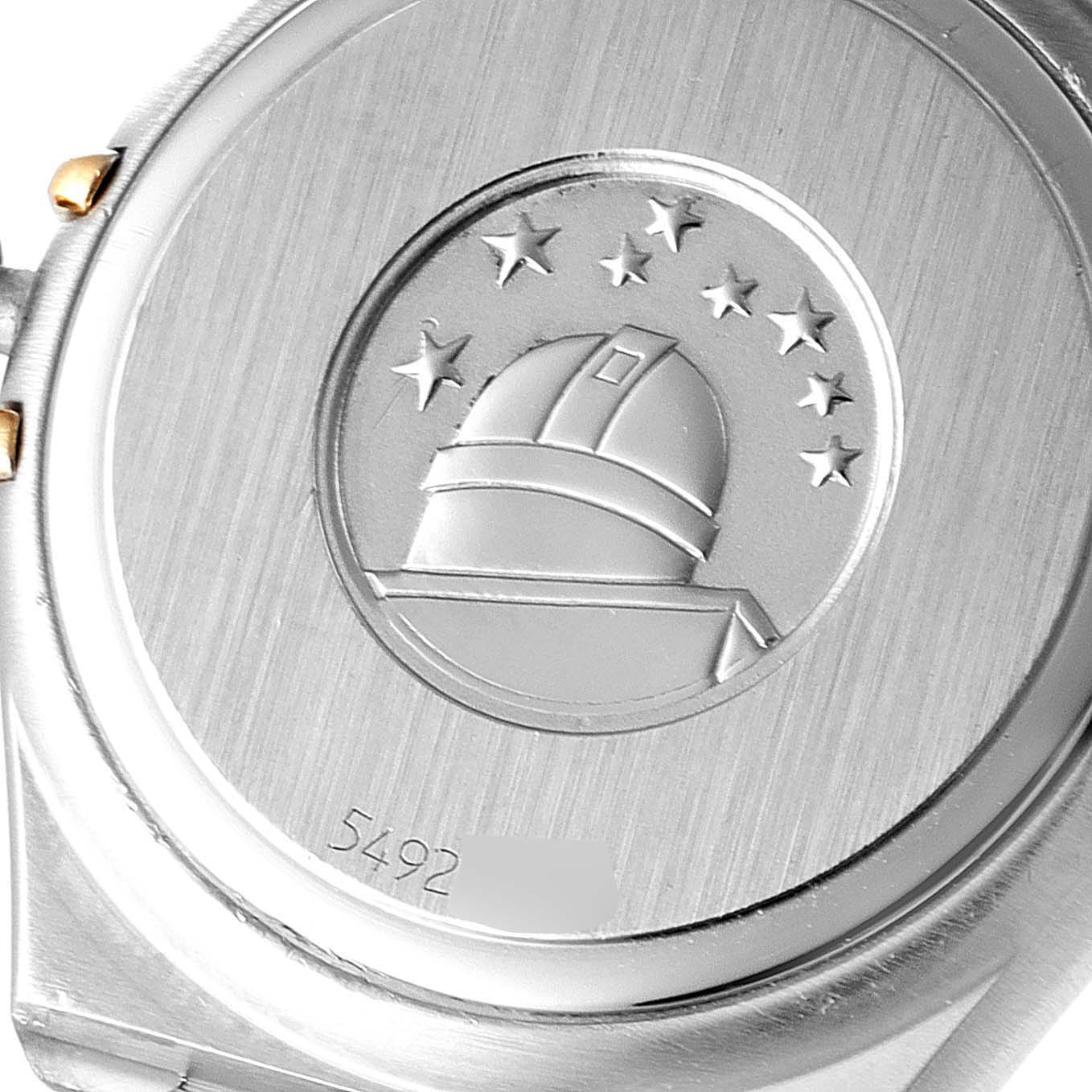 The image shows the back case of the Omega 1277.75.00 Women
s Steel and Gold (two tone) Mother of Pearl Dial 1277.75.00 Women
s Steel and Gold (two tone) Mother of Pearl Dial Constellation 95 Steel Yellow Gold MOP Diamond Ladies Watch 1277.75.00.