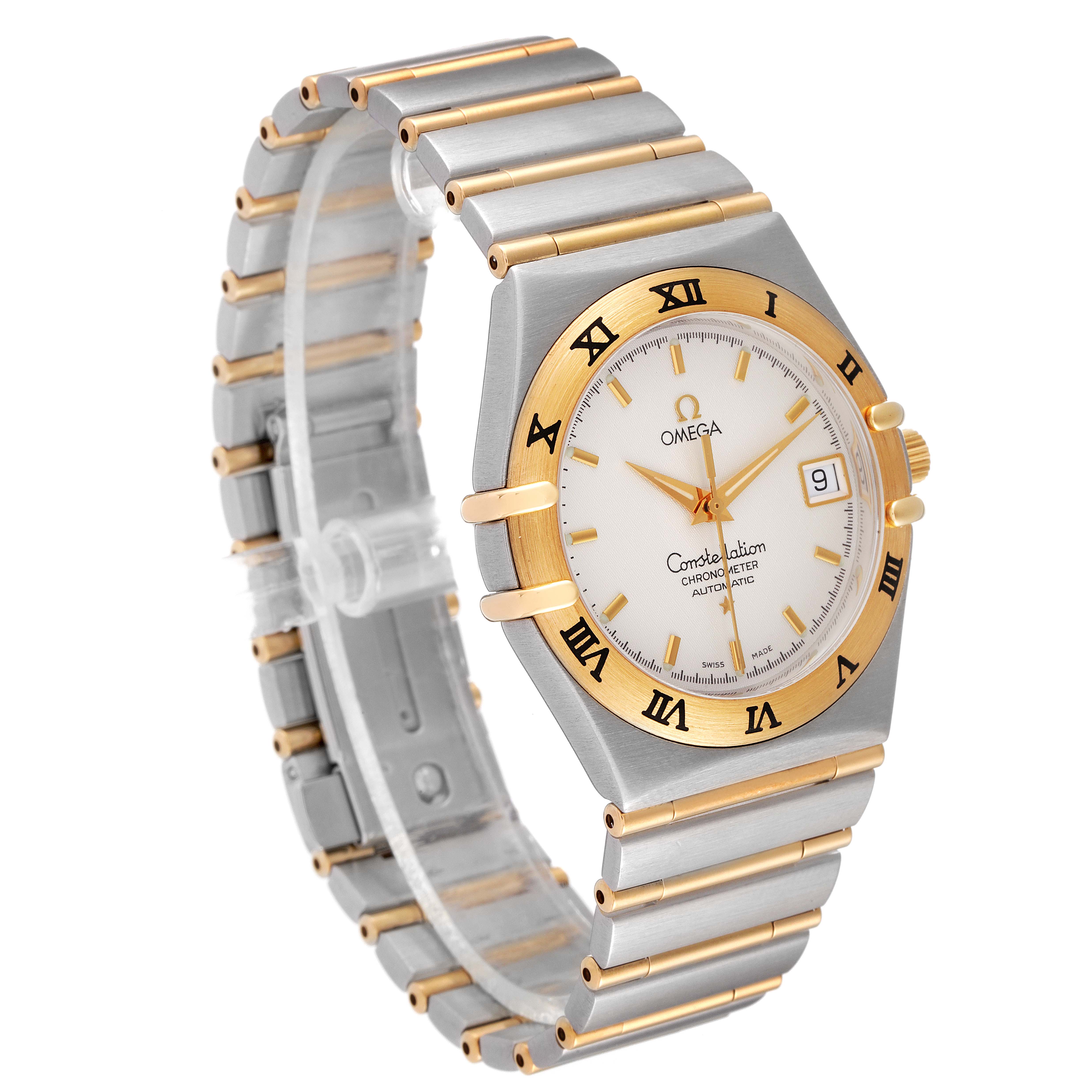 The Omega Constellation 1202.30.00 Men's Steel and Gold (two tone) Silver Dial 1202.30.00 Men's Steel and Gold (two tone) Silver Dial watch is shown at a three-quarter angle, highlighting its face, bezel, and bracelet.