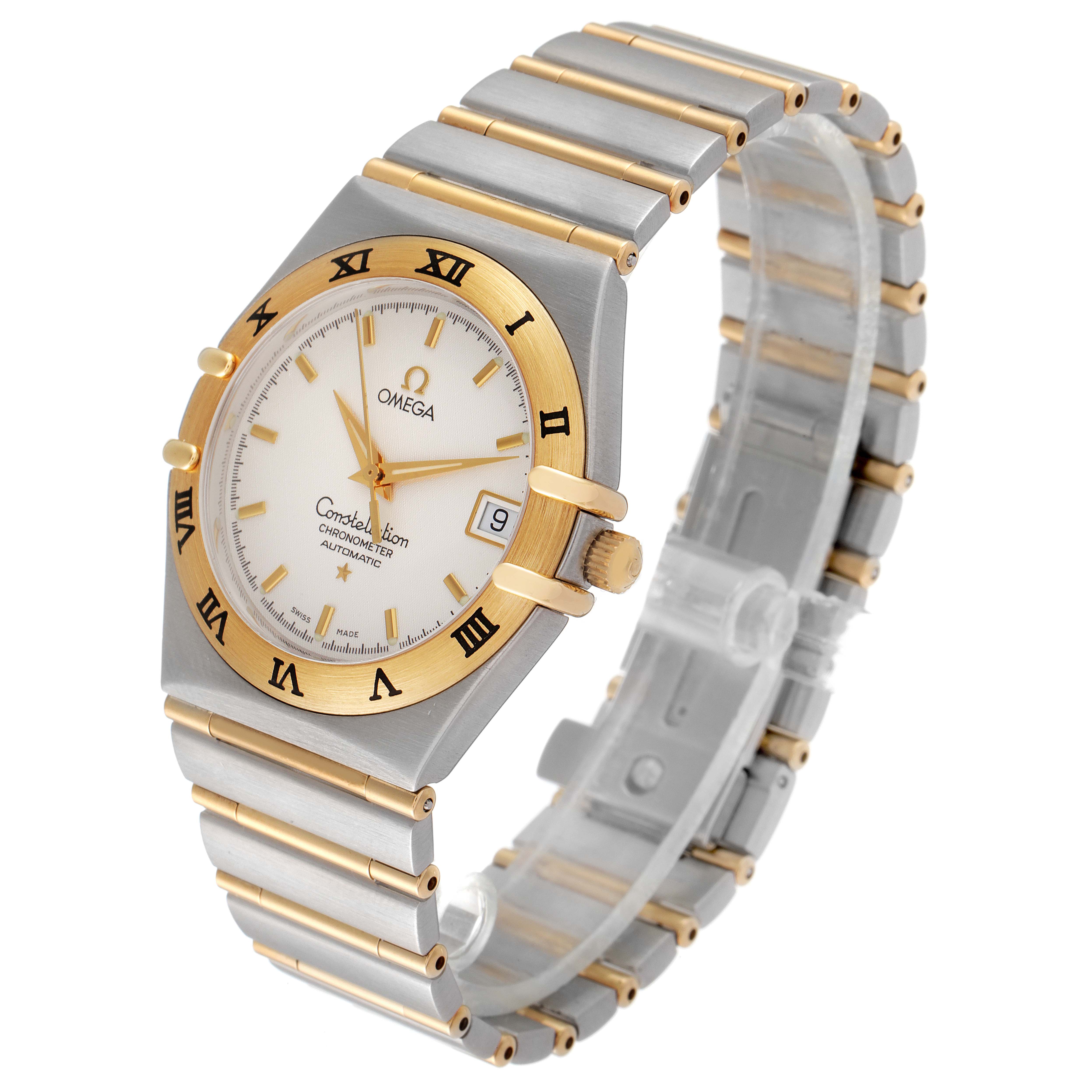 The image shows an angled view of the Omega Constellation 1202.30.00 Men's Steel and Gold (two tone) Silver Dial 1202.30.00 Men's Steel and Gold (two tone) Silver Dial watch, highlighting its face, bracelet, and bezel.