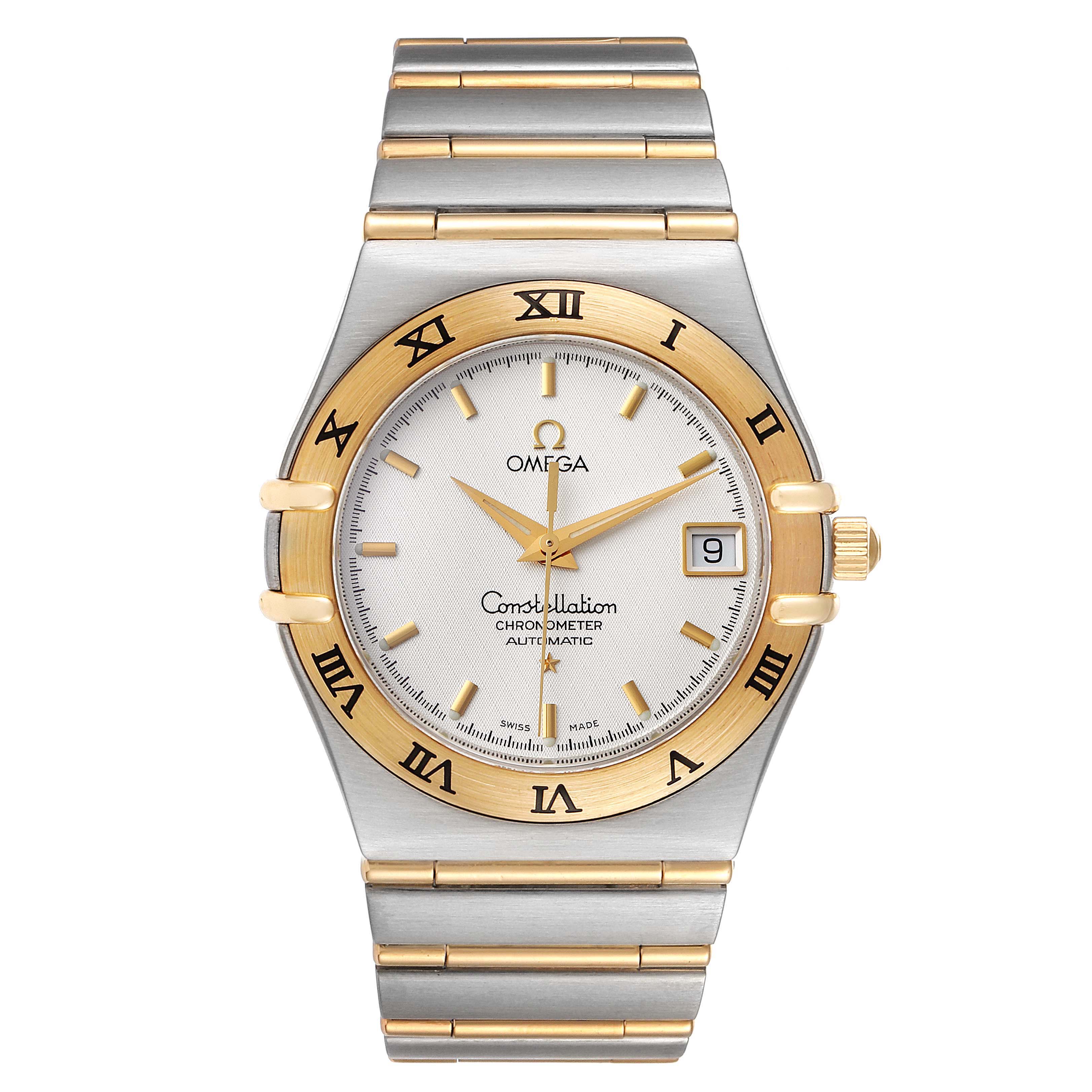 The Omega Constellation 1202.30.00 Men's Steel and Gold (two tone) Silver Dial 1202.30.00 Men's Steel and Gold (two tone) Silver Dial watch is shown from a front angle, displaying its face, bezel, and metal bracelet.