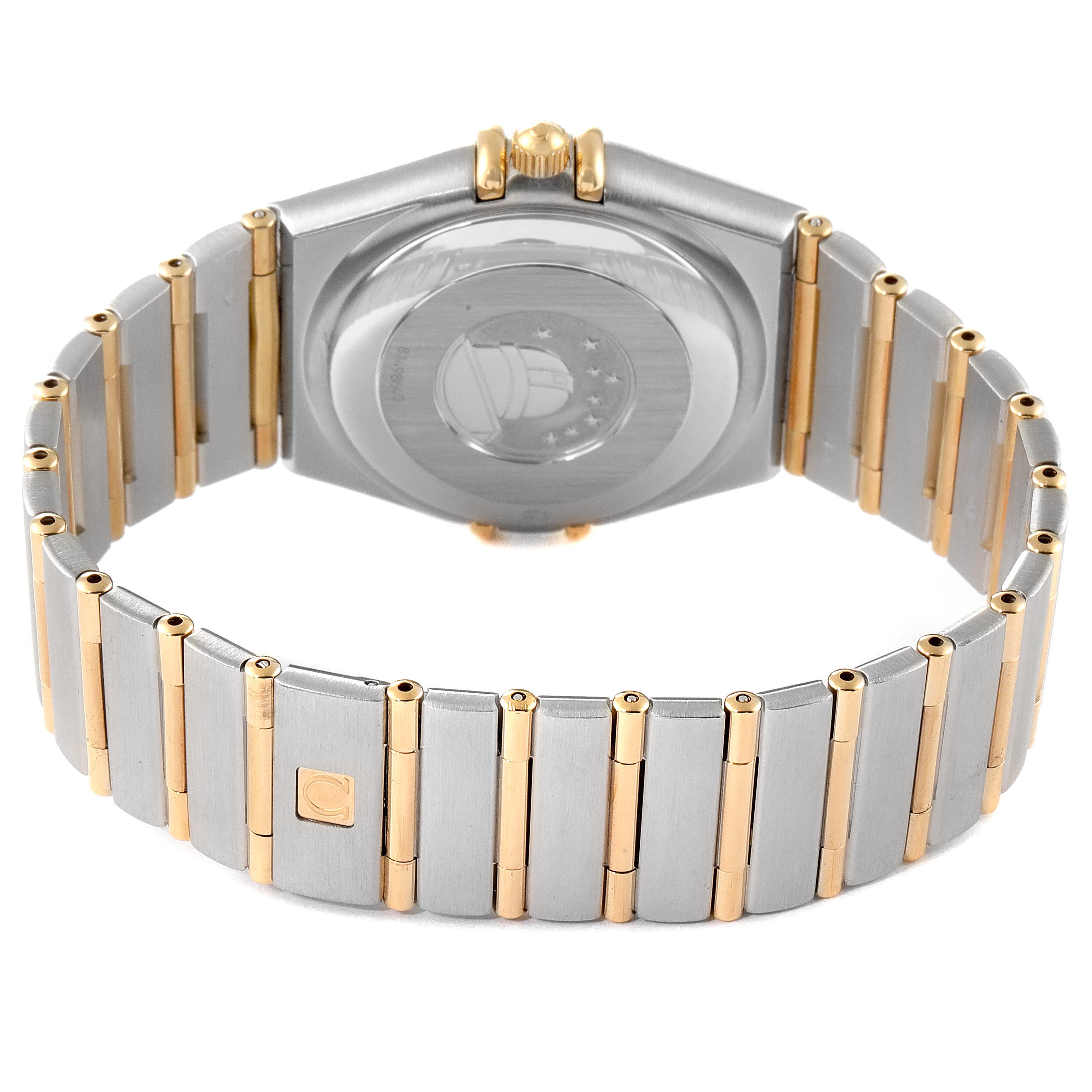 The image shows the back view of an Omega Constellation 1202.30.00 Men's Steel and Gold (two tone) Silver Dial 1202.30.00 Men's Steel and Gold (two tone) Silver Dial watch, highlighting the case back and metal bracelet.