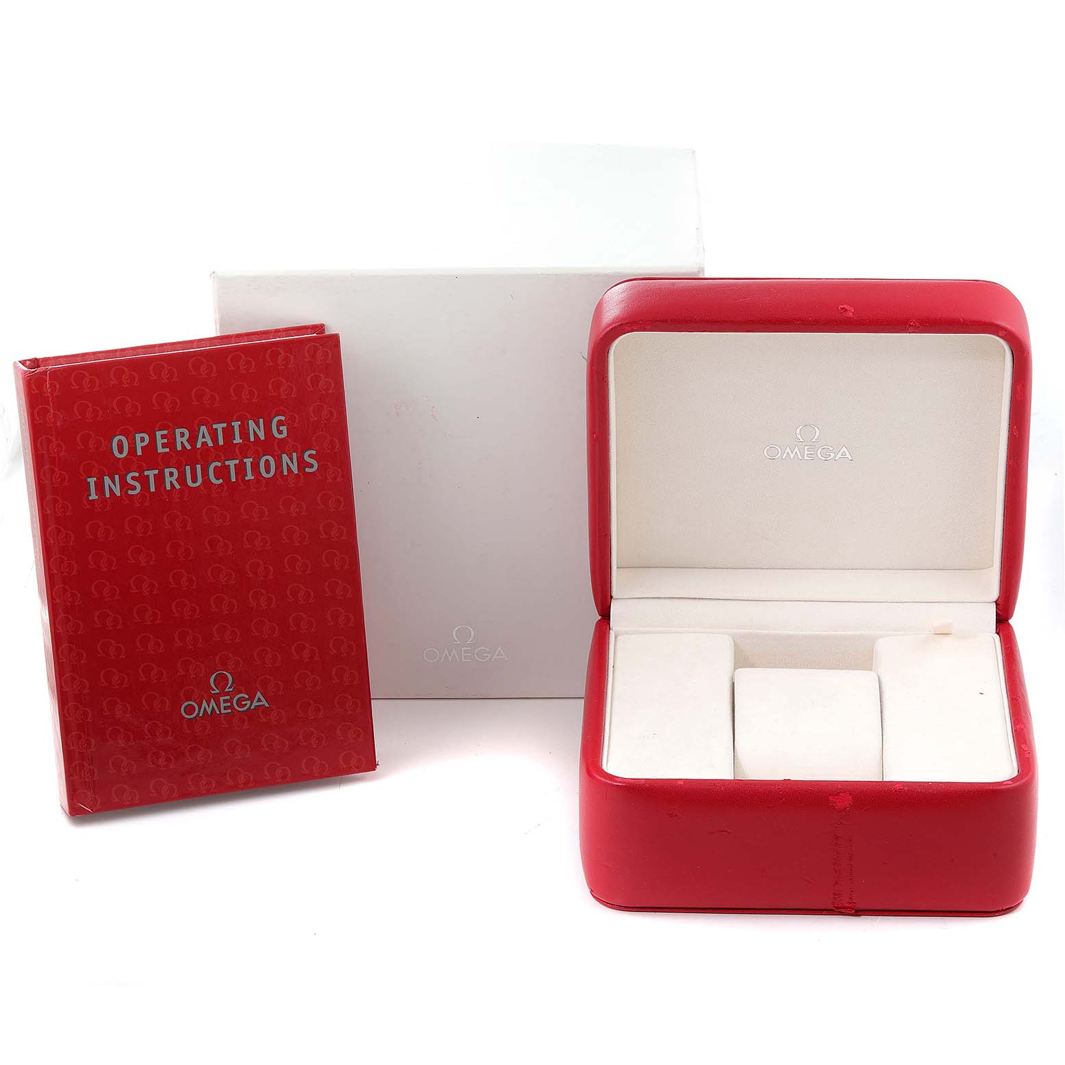 This image shows the Omega Constellation 1202.30.00 Men's Steel and Gold (two tone) Silver Dial 1202.30.00 Men's Steel and Gold (two tone) Silver Dial watch accessories, including an operating manual, an empty red watch box, and a white outer box.