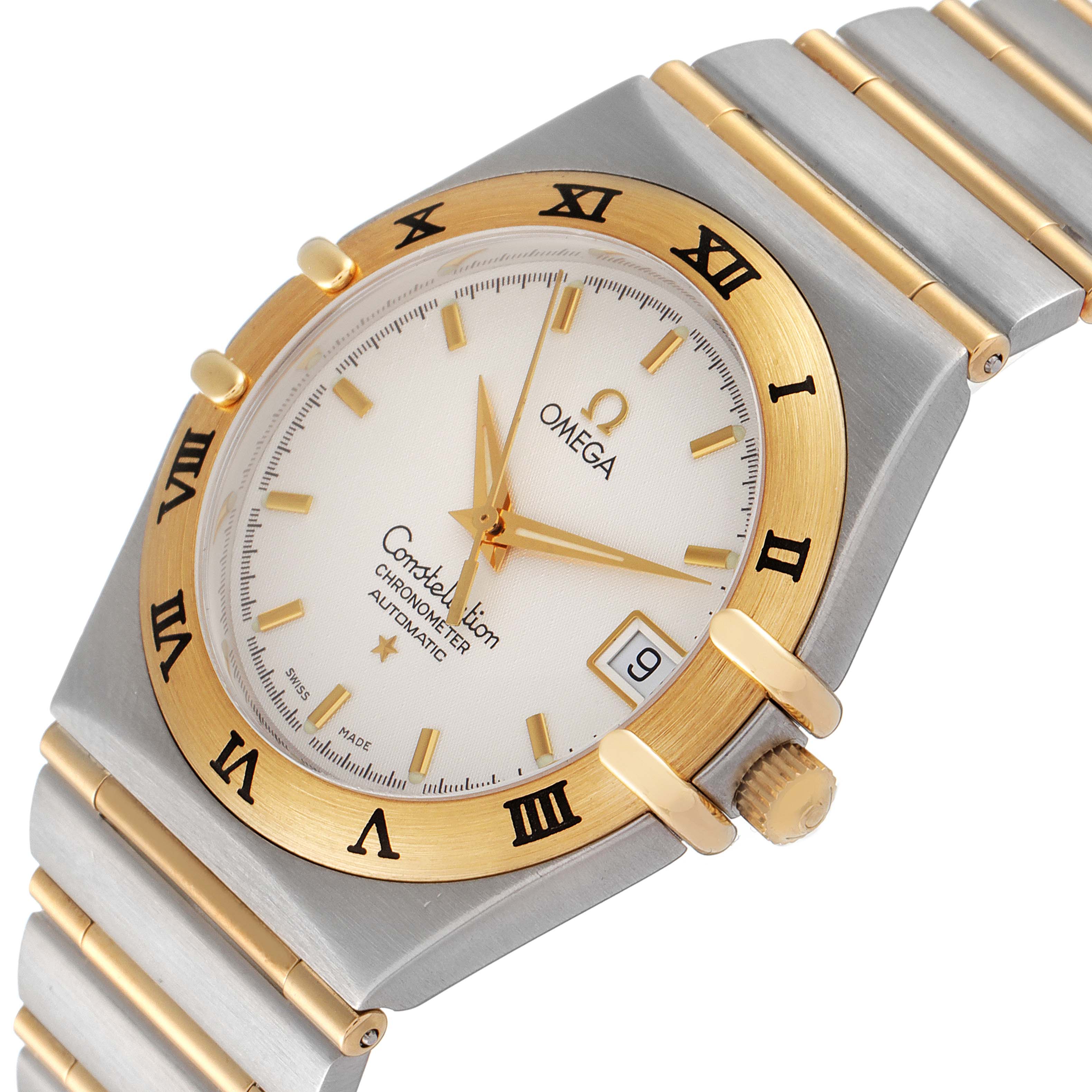 The image shows a close-up angled view of the Omega Constellation 1202.30.00 Men's Steel and Gold (two tone) Silver Dial 1202.30.00 Men's Steel and Gold (two tone) Silver Dial watch, highlighting the bezel, dial, crown, and part of the bracelet.