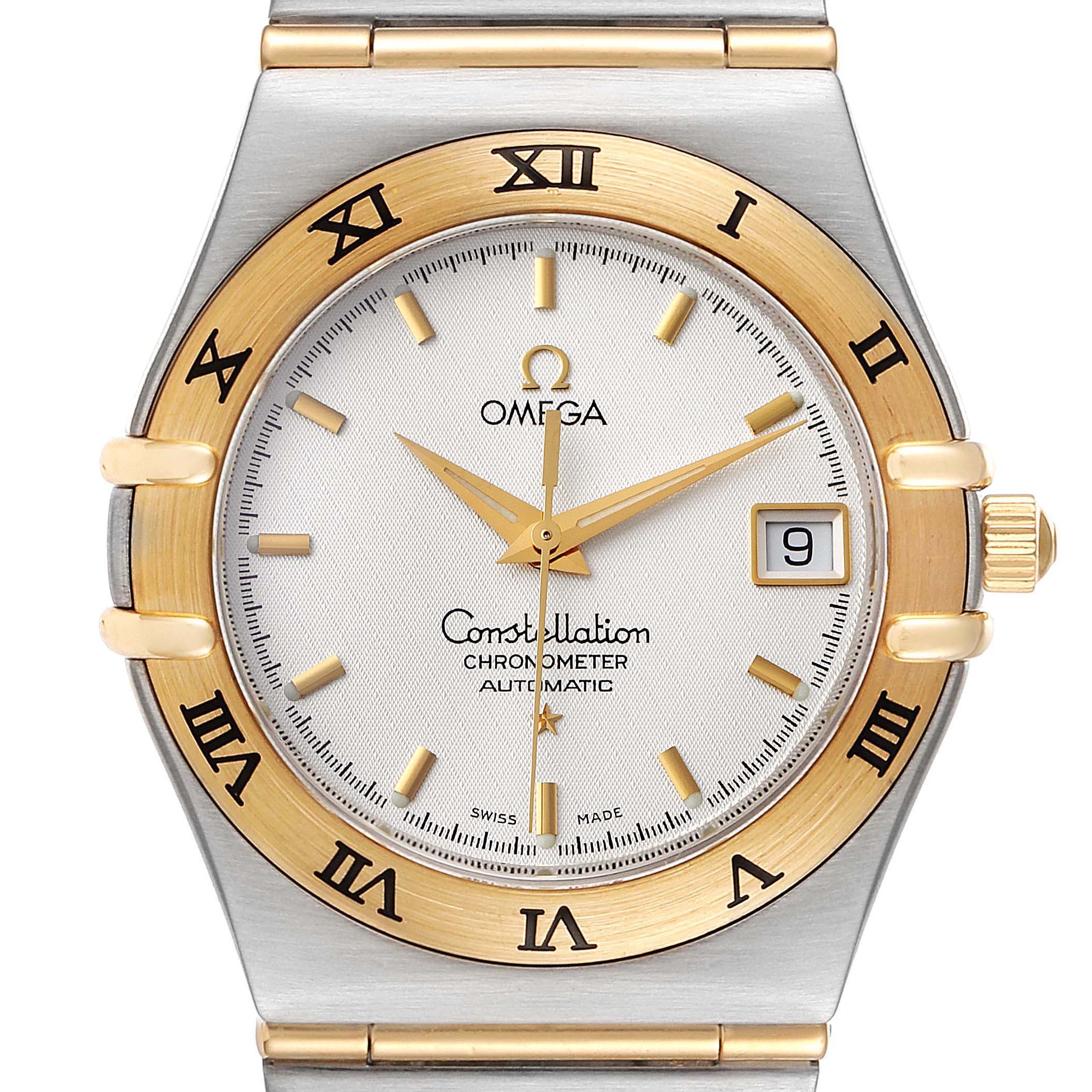 The image shows a close-up, front view of the Omega Constellation 1202.30.00 Men's Steel and Gold (two tone) Silver Dial 1202.30.00 Men's Steel and Gold (two tone) Silver Dial watch, highlighting the dial, bezel, and part of the bracelet.