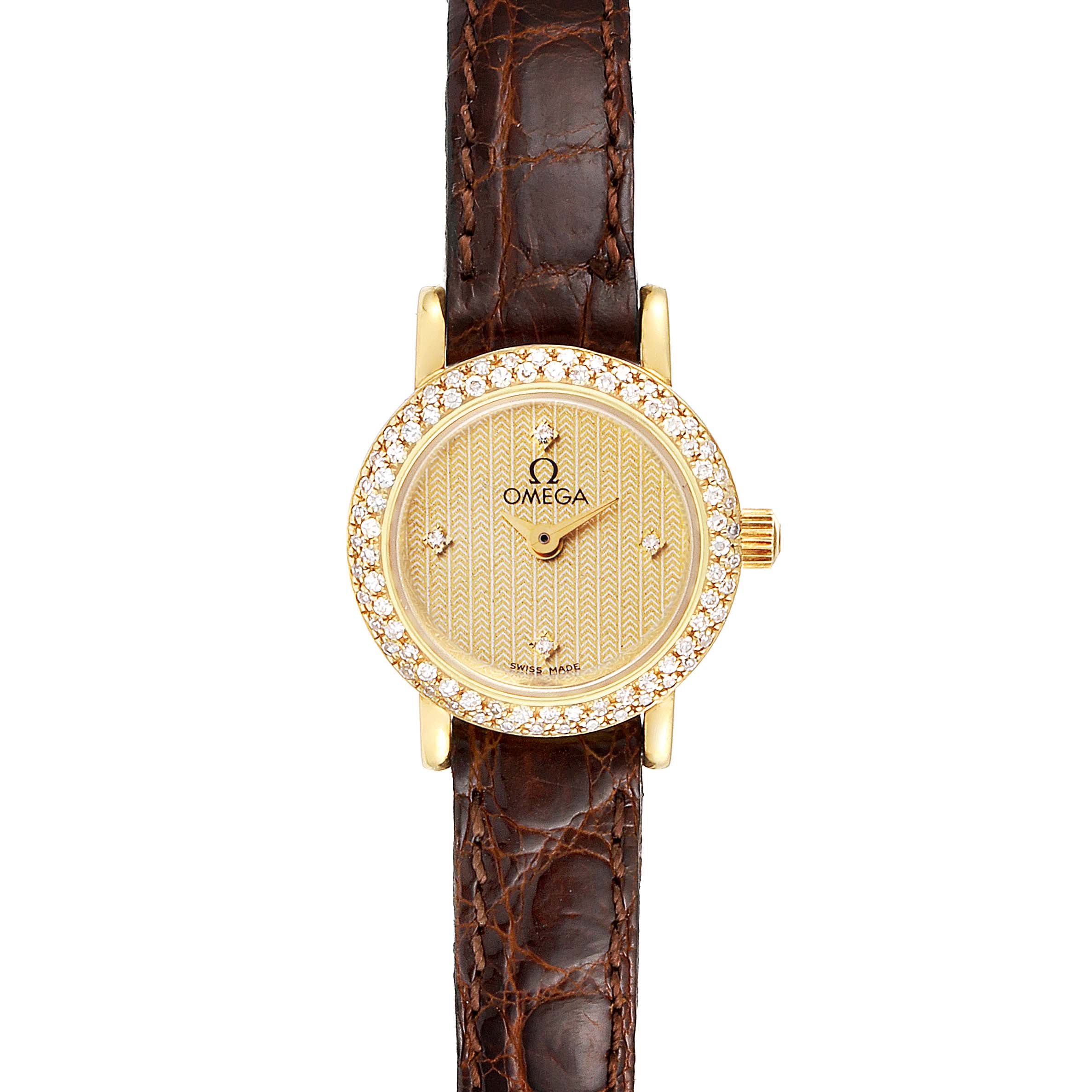 The image shows a front view of the Omega 1450 Women's Yellow Gold Champagne Dial 1450 Women's Yellow Gold Champagne Dial DeVille Mini Yellow Gold Diamond Cocktail Ladies Watch 1450 Unworn model, displaying its detailed face and band.