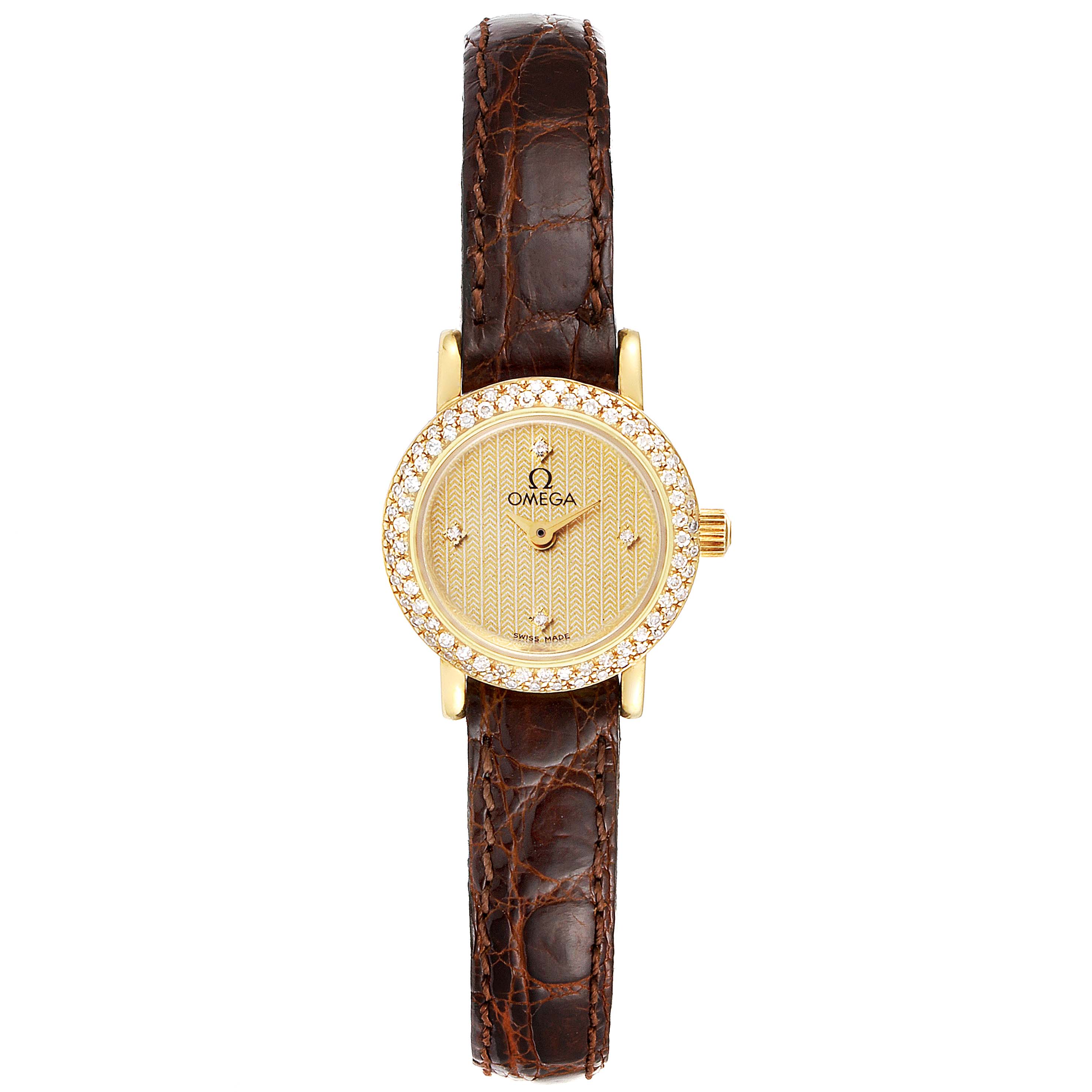 This image shows a front view of the Omega 1450 Women's Yellow Gold Champagne Dial 1450 Women's Yellow Gold Champagne Dial DeVille Mini Yellow Gold Diamond Cocktail Ladies Watch 1450 Unworn model, including its face and strap.