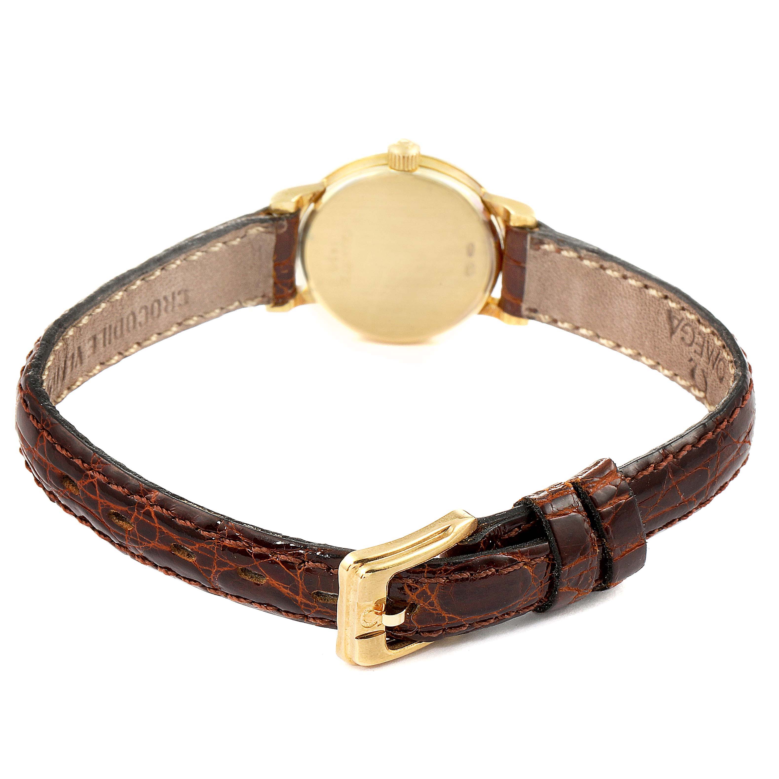 The image shows the back view of the Omega 1450 Women's Yellow Gold Champagne Dial 1450 Women's Yellow Gold Champagne Dial DeVille Mini Yellow Gold Diamond Cocktail Ladies Watch 1450, highlighting the strap and buckle.