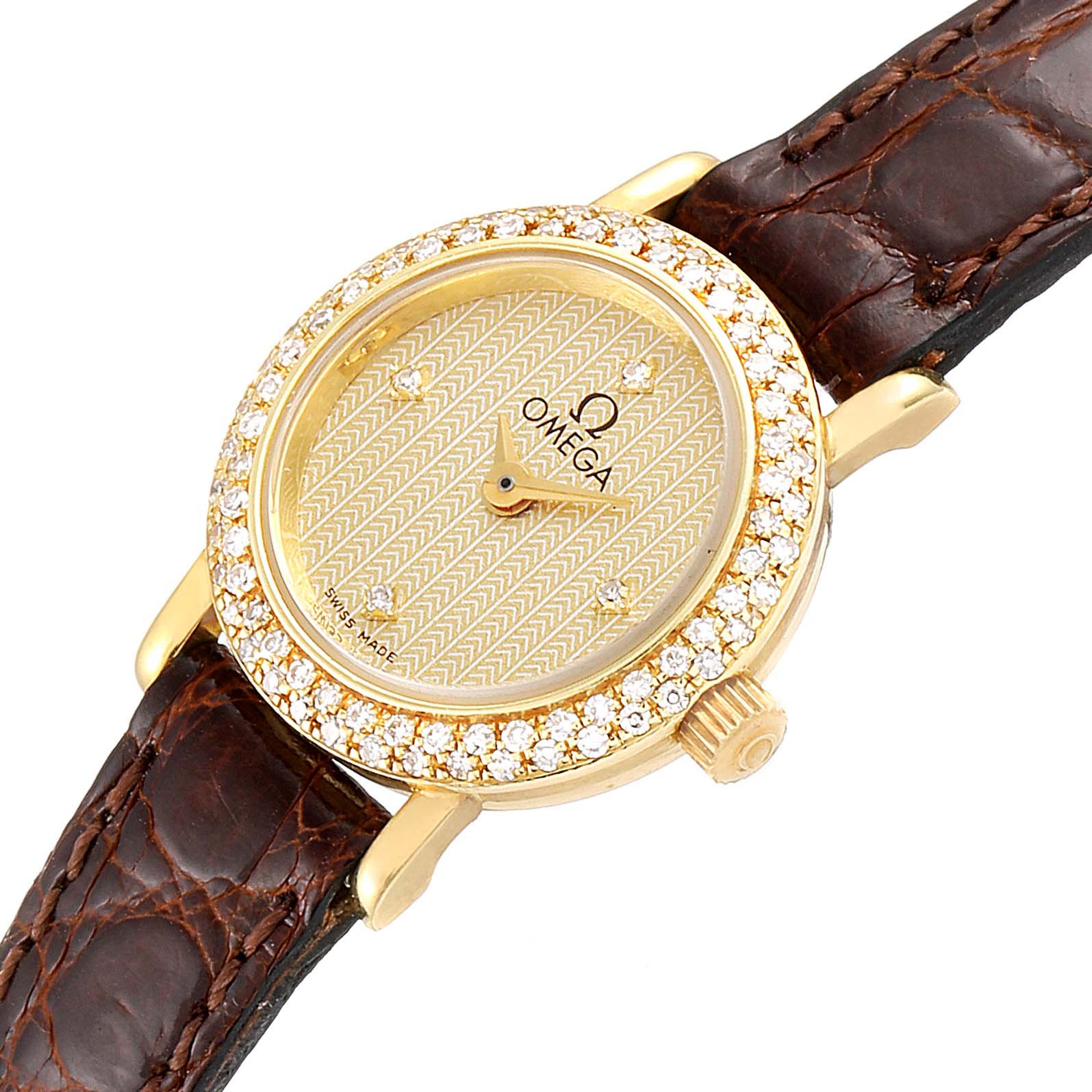 The image shows a top-down view of the Omega 1450 Women's Yellow Gold Champagne Dial 1450 Women's Yellow Gold Champagne Dial DeVille Mini Yellow Gold Diamond Cocktail Ladies Watch 1450 Unworn model, highlighting its dial and strap.