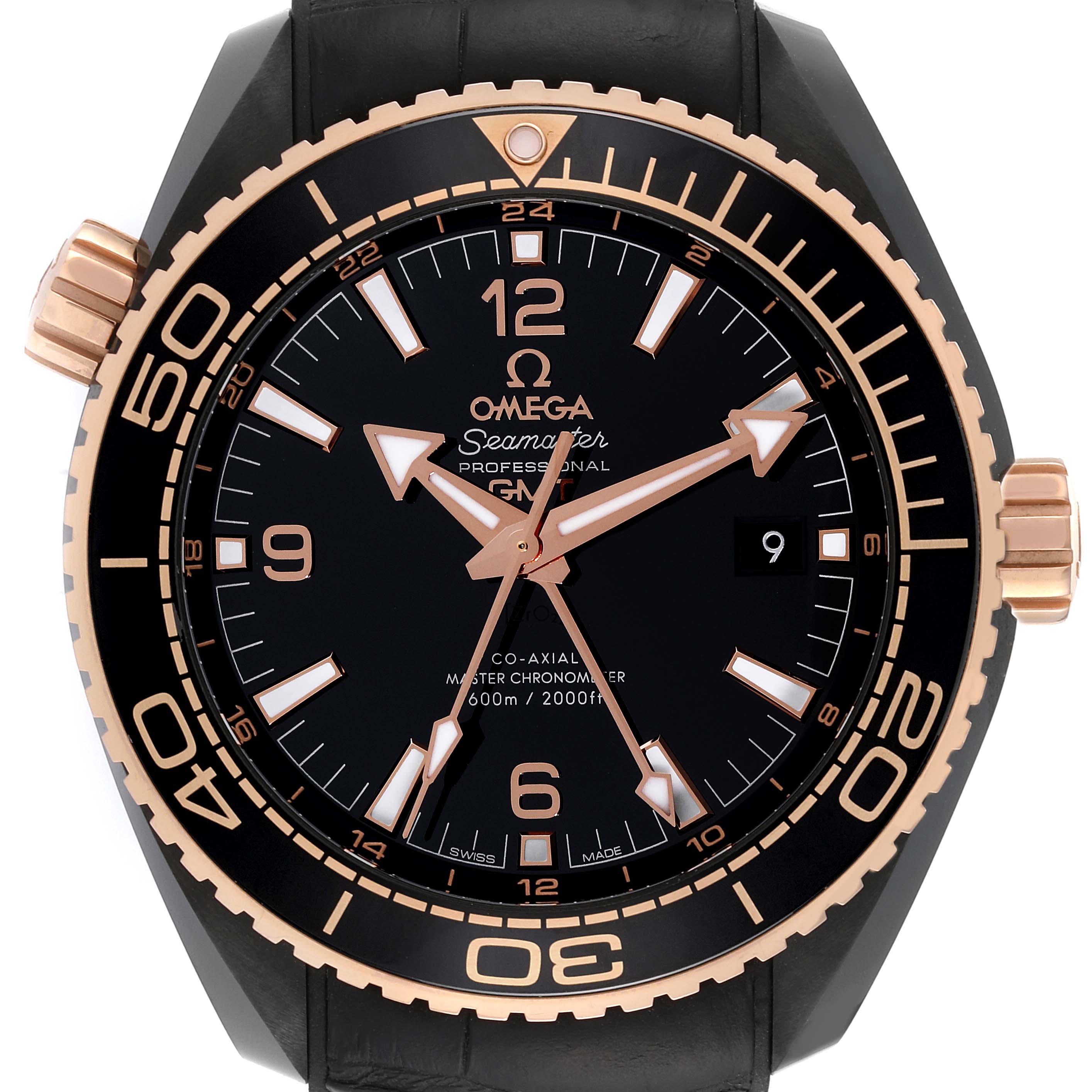The image shows a front view of the Omega Planet Ocean 215.63.46.22.01.001 Men's Ceramic Black Dial 215.63.46.22.01.001 Men's Ceramic Black Dial watch, highlighting its black dial, rose gold accents, and black strap.