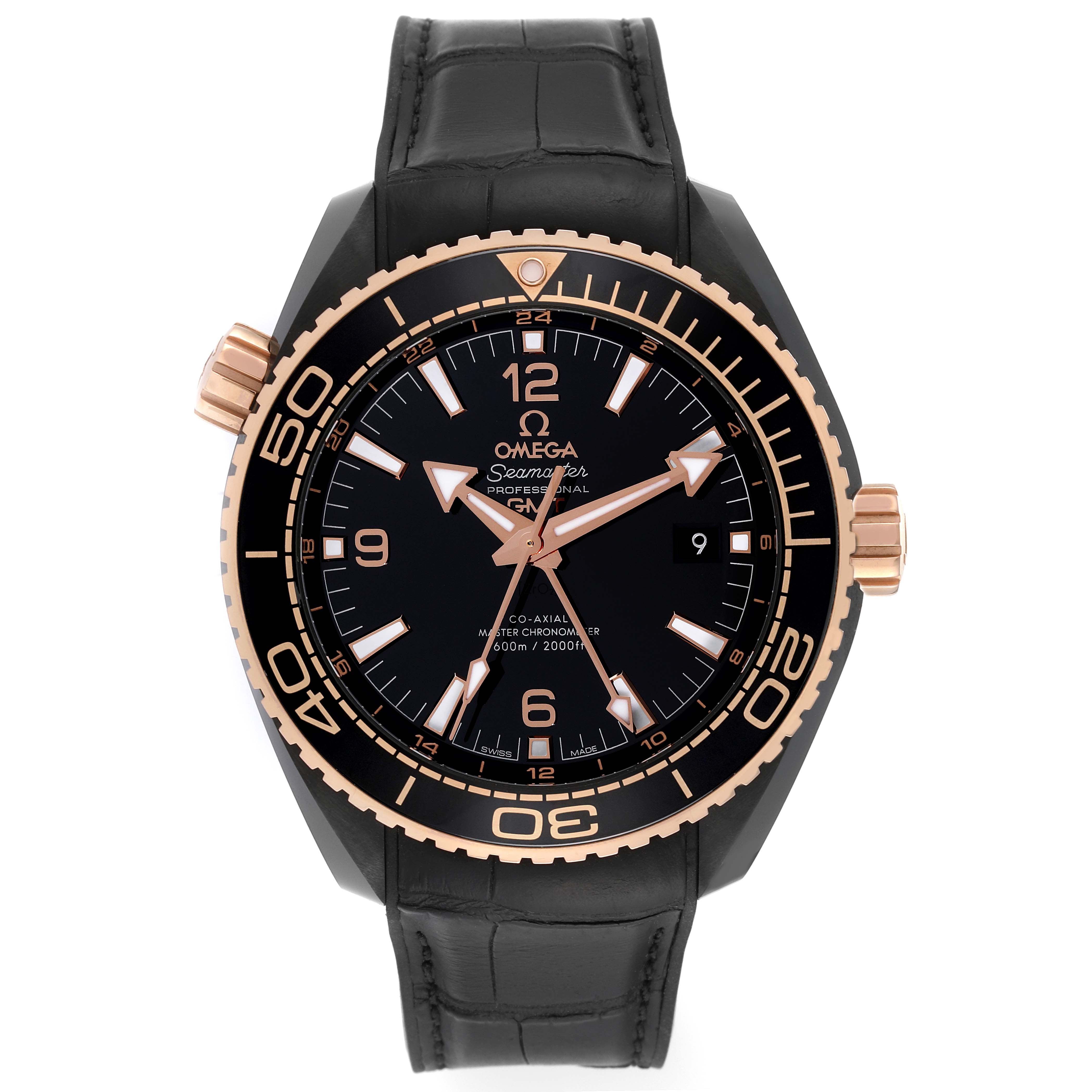 This Omega Planet Ocean 215.63.46.22.01.001 Men's Ceramic Black Dial 215.63.46.22.01.001 Men's Ceramic Black Dial watch is shown from a front-facing angle, displaying the dial, bezel, and strap.