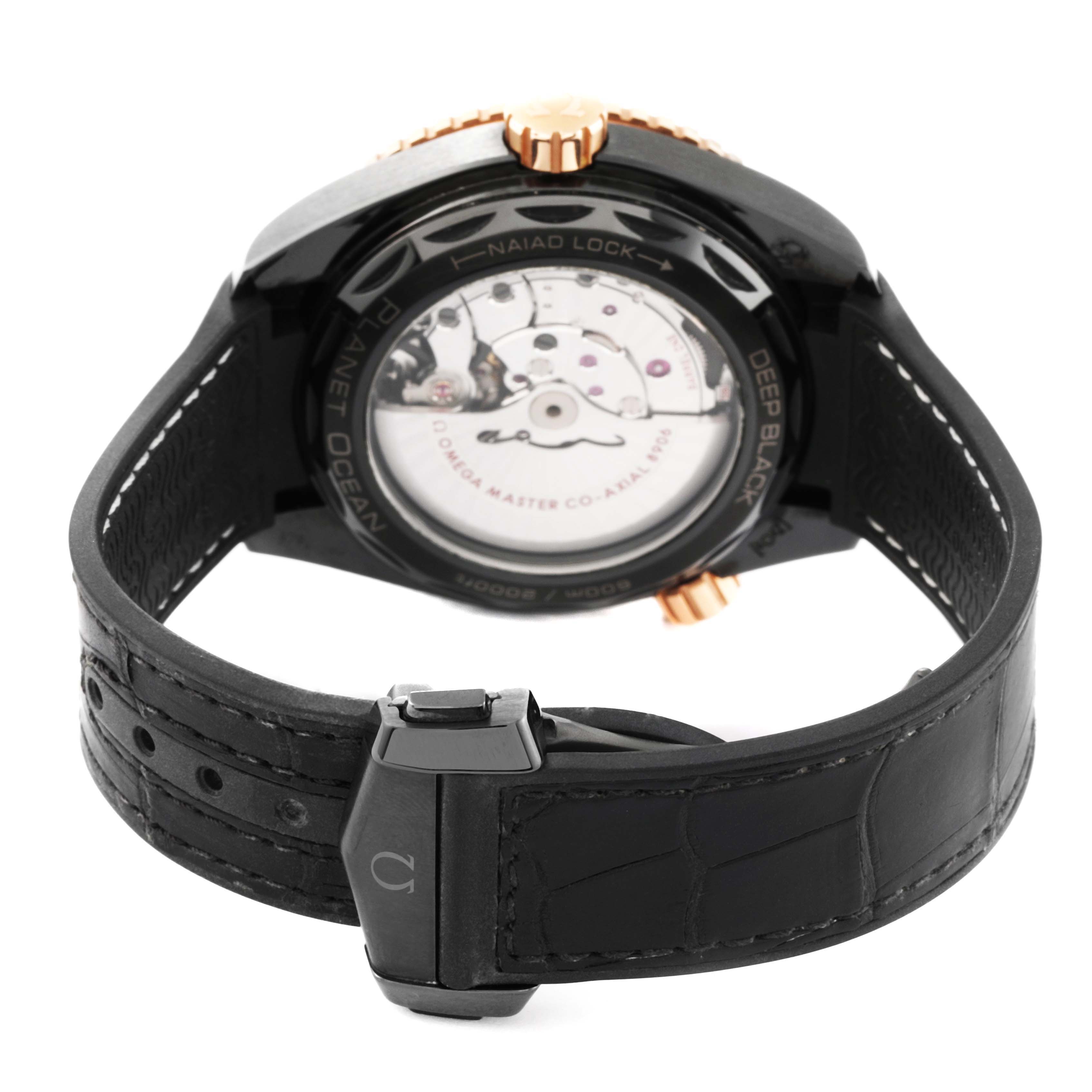 This image shows the back view of an Omega Planet Ocean 215.63.46.22.01.001 Men's Ceramic Black Dial 215.63.46.22.01.001 Men's Ceramic Black Dial watch, highlighting the transparent case back and black strap.