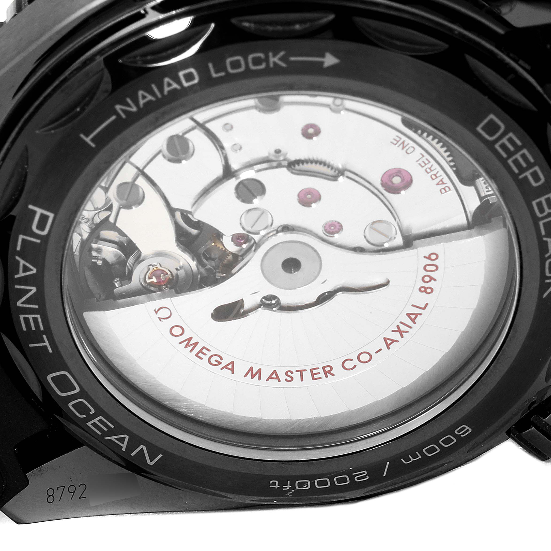 The image shows the back of the Omega Planet Ocean 215.92.46.22.01.001 Men's Stainless Steel Black Dial 215.92.46.22.01.001 Men's Stainless Steel Black Dial watch, highlighting the movement and Naiad Lock system.