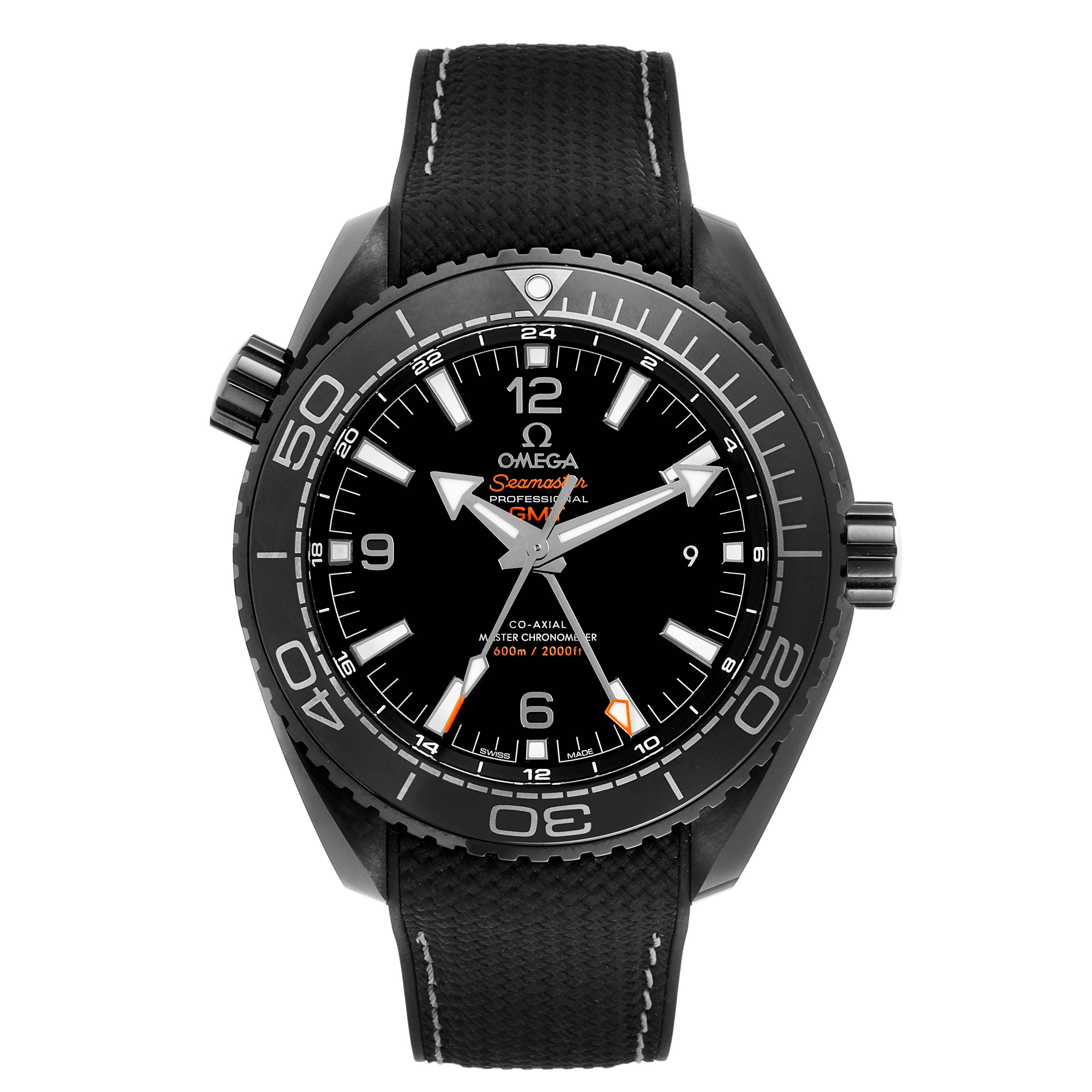 The image shows a front-facing Omega Planet Ocean 215.92.46.22.01.001 Men's Stainless Steel Black Dial 215.92.46.22.01.001 Men's Stainless Steel Black Dial model watch, highlighting its dial, bezel, and strap.