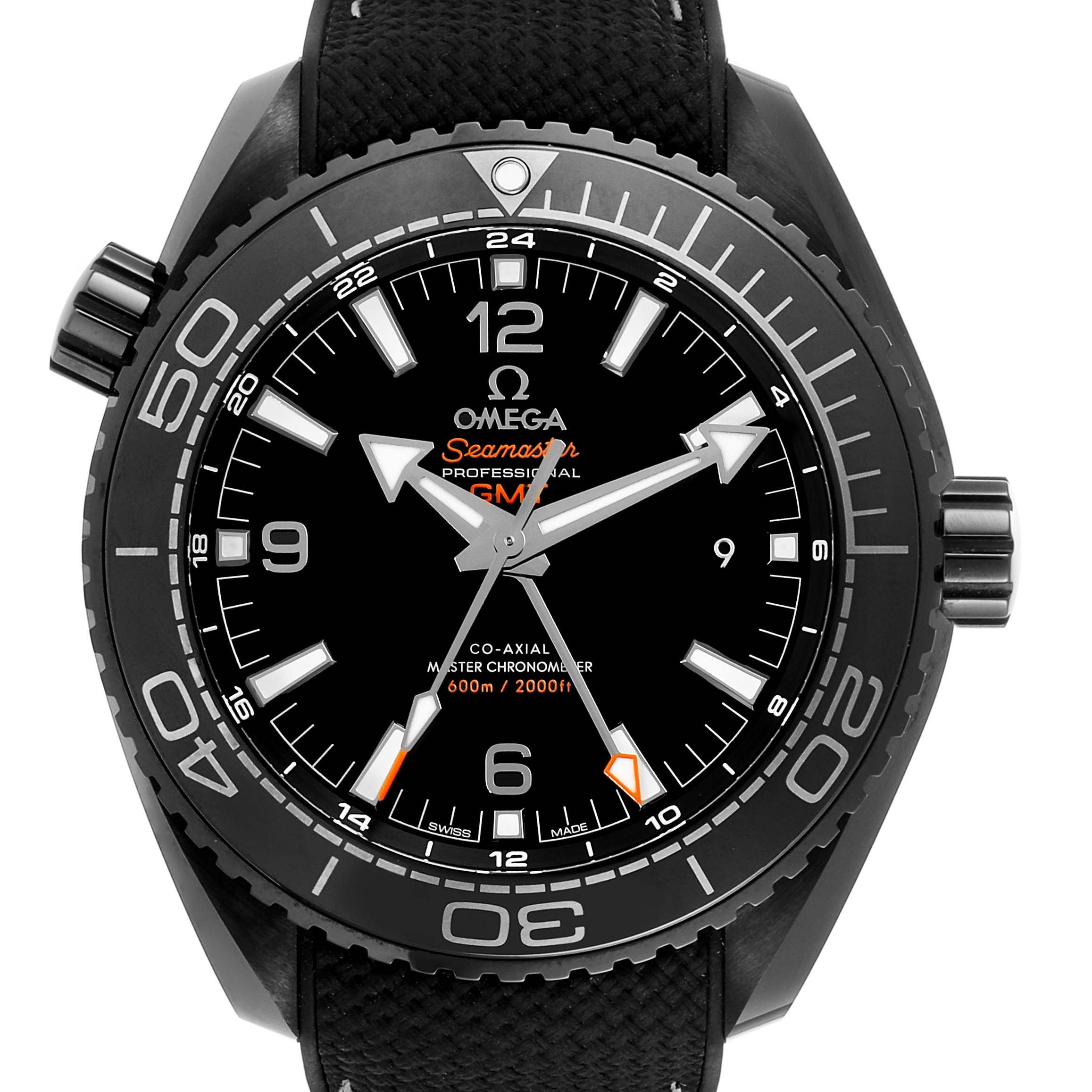 This image shows a front view of the Omega Seamaster Planet Ocean watch model, highlighting the dial, bezel, and strap.