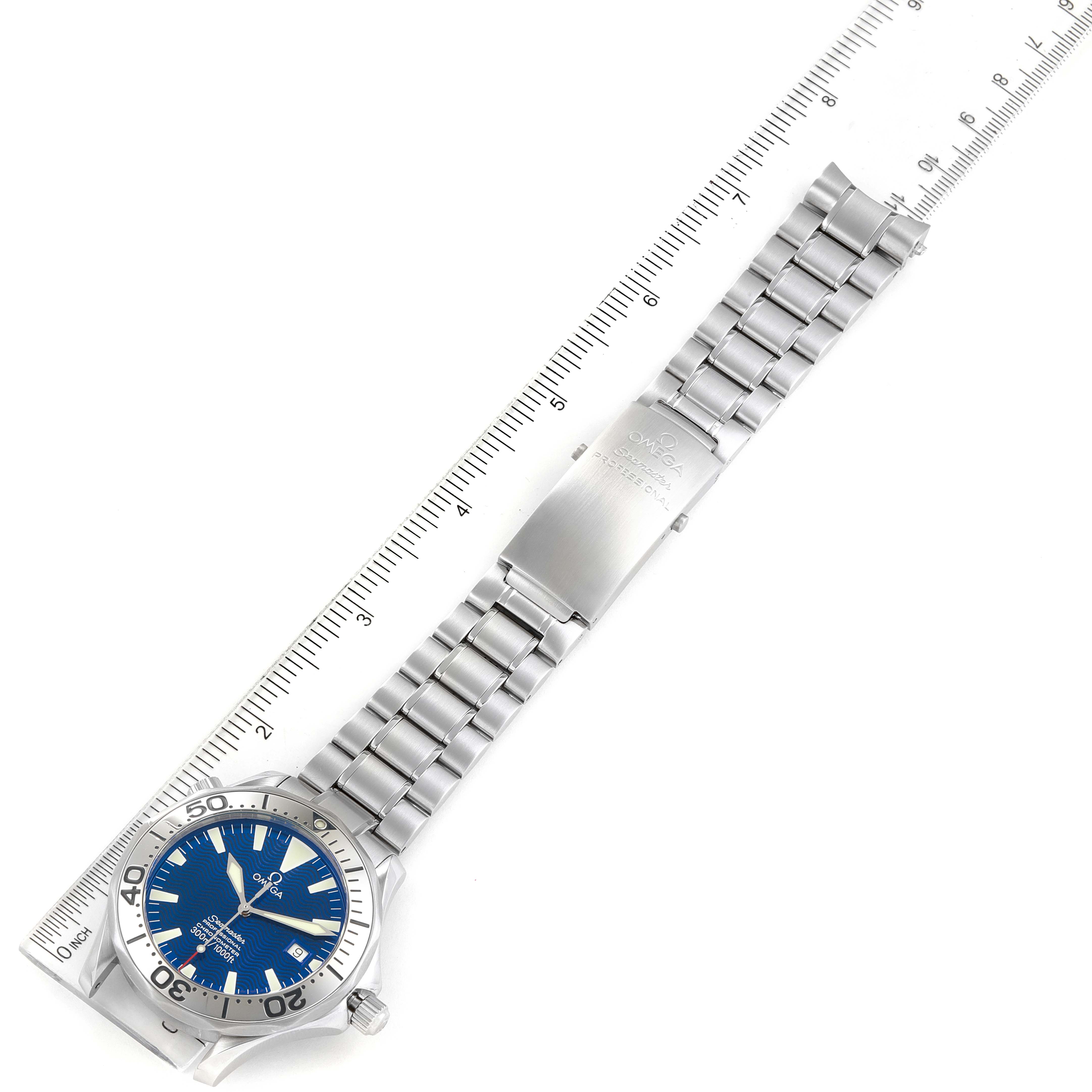 The Omega Seamaster 2255.80.00 Men's Stainless Steel Blue Dial 2255.80.00 Men's Stainless Steel Blue Dial watch is shown from a top-down angle, displaying the face, bezel, crown, and metal bracelet.