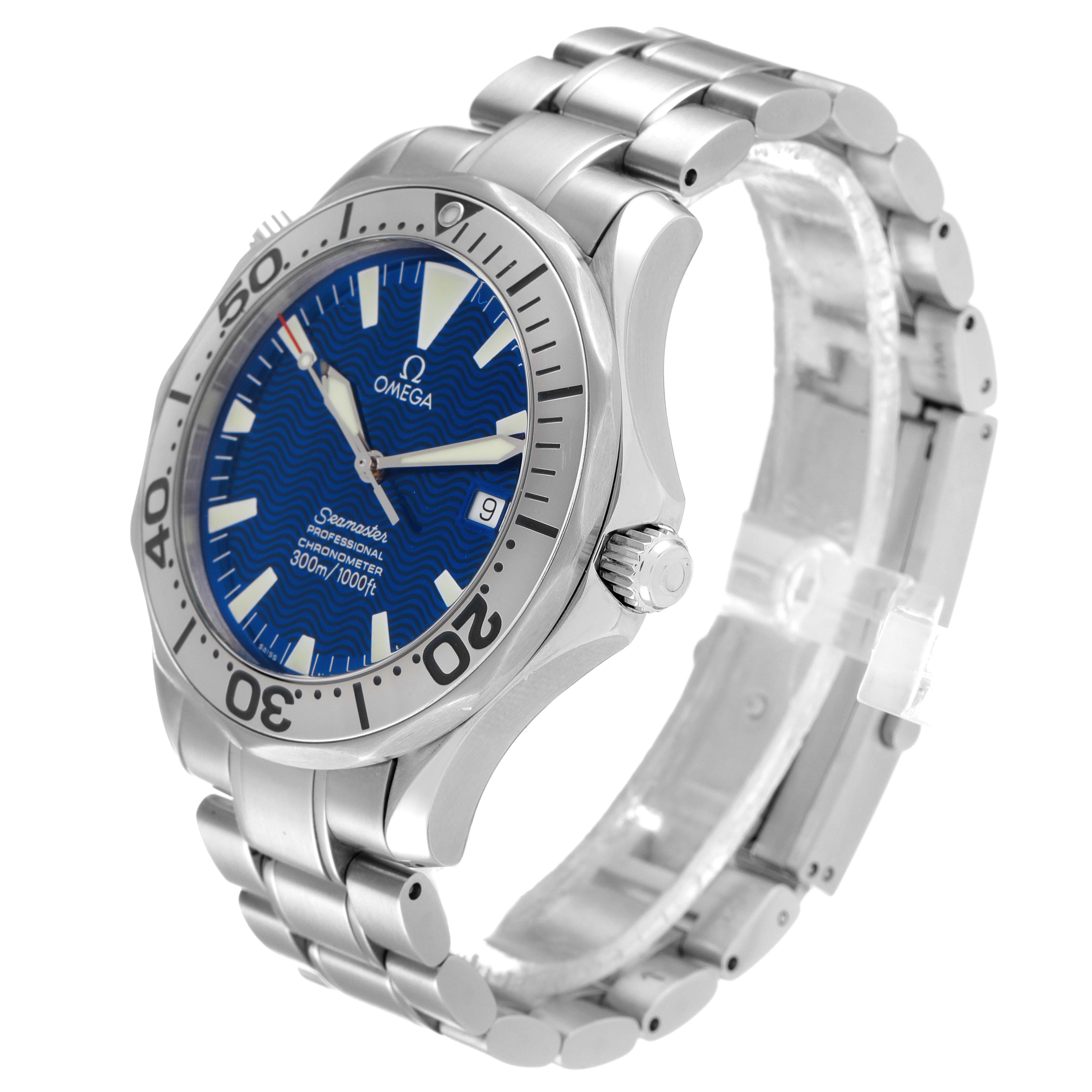 The Omega Seamaster 2255.80.00 Men's Stainless Steel Blue Dial 2255.80.00 Men's Stainless Steel Blue Dial watch is shown at a three-quarter angle, highlighting its blue dial, bezel, crown, and stainless steel bracelet.