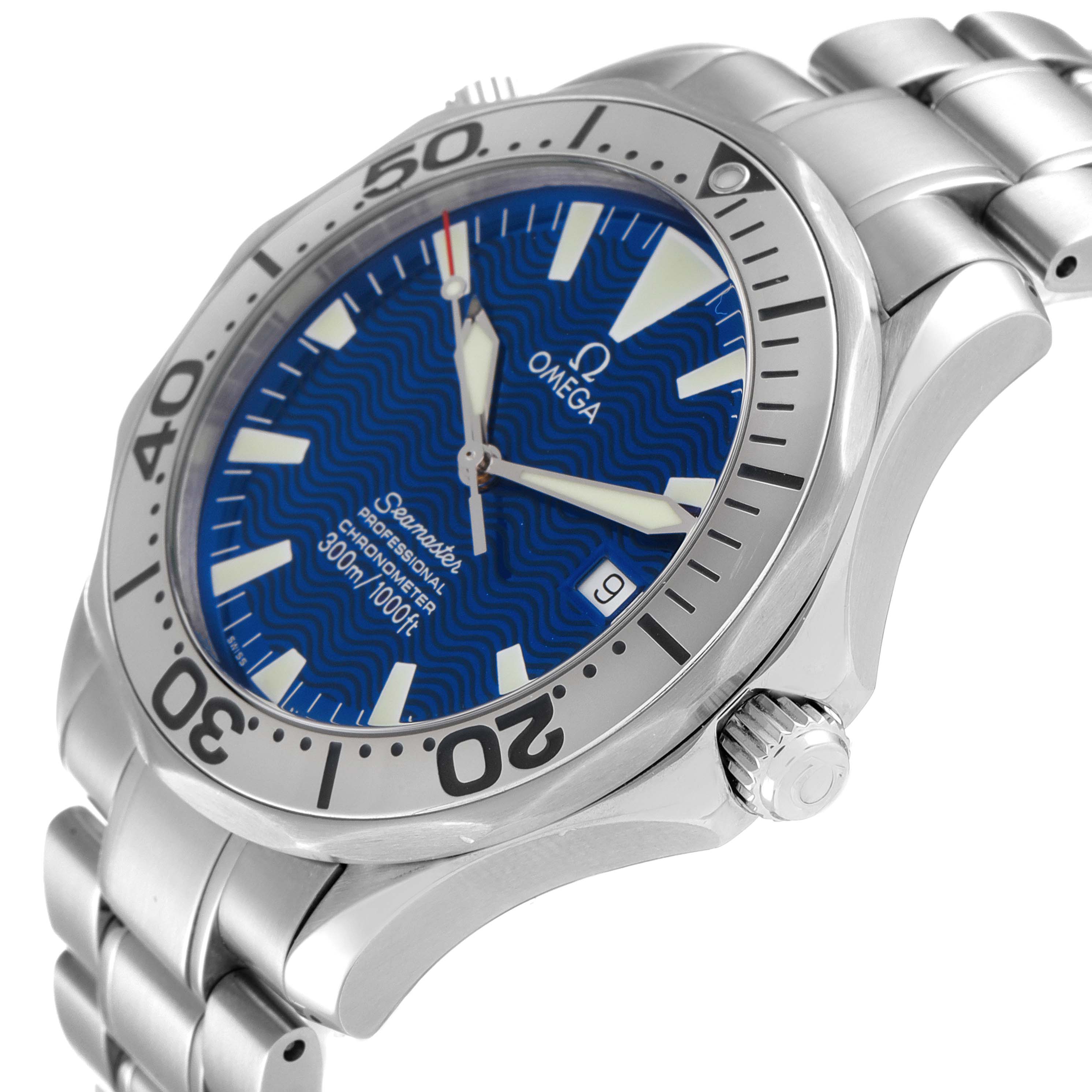 The image shows a close-up angled view of an Omega Seamaster 2255.80.00 Men's Stainless Steel Blue Dial 2255.80.00 Men's Stainless Steel Blue Dial watch, highlighting the bezel, crown, and bracelet.