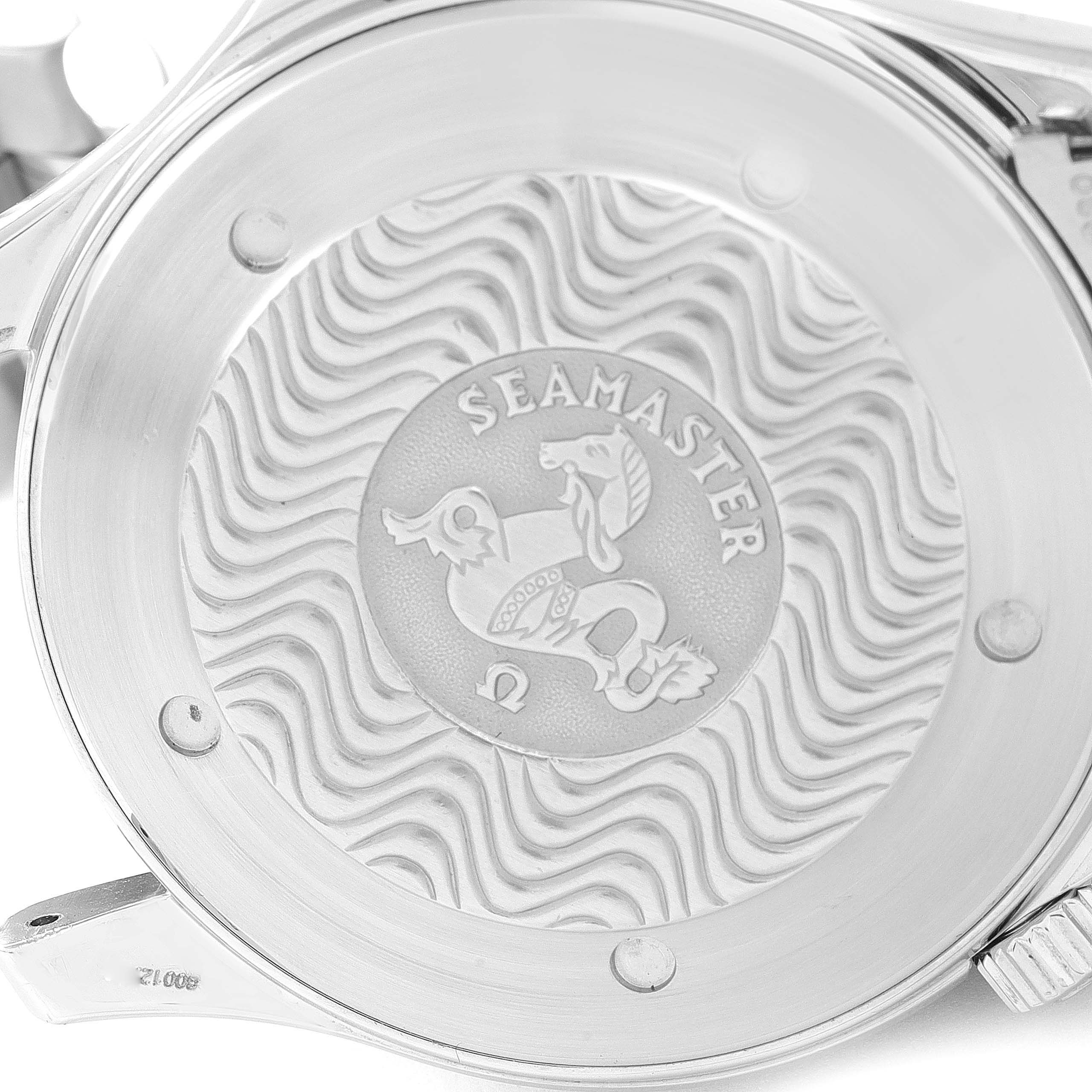 The image shows the case back of the Omega Seamaster 2255.80.00 Men's Stainless Steel Blue Dial 2255.80.00 Men's Stainless Steel Blue Dial watch featuring the Seahorse emblem and wave pattern.