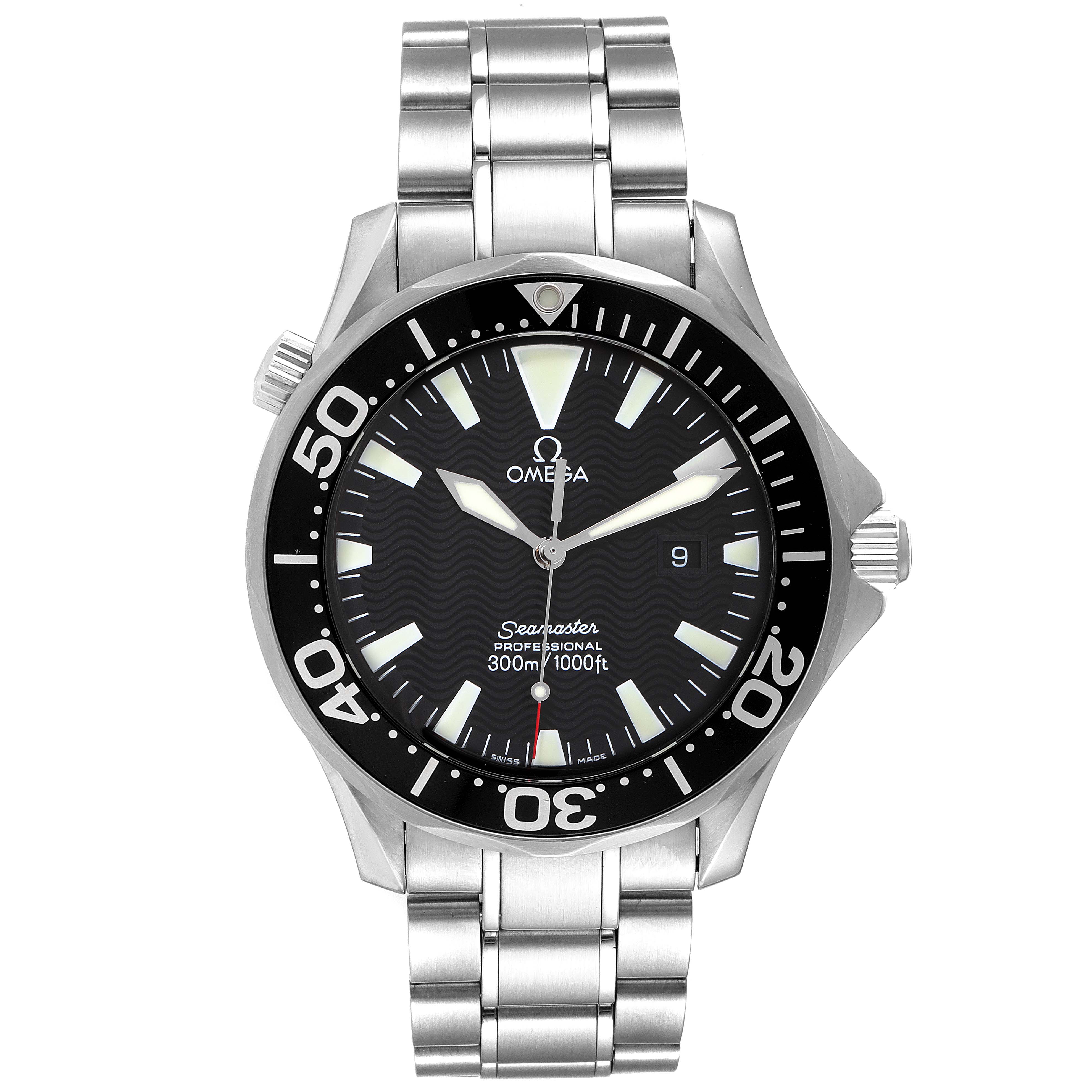 The image shows a front view of an Omega Seamaster 2264.50.00 Men's Stainless Steel Black Dial 2264.50.00 Men's Stainless Steel Black Dial watch, displaying its dial, bezel, crown, and metal bracelet.