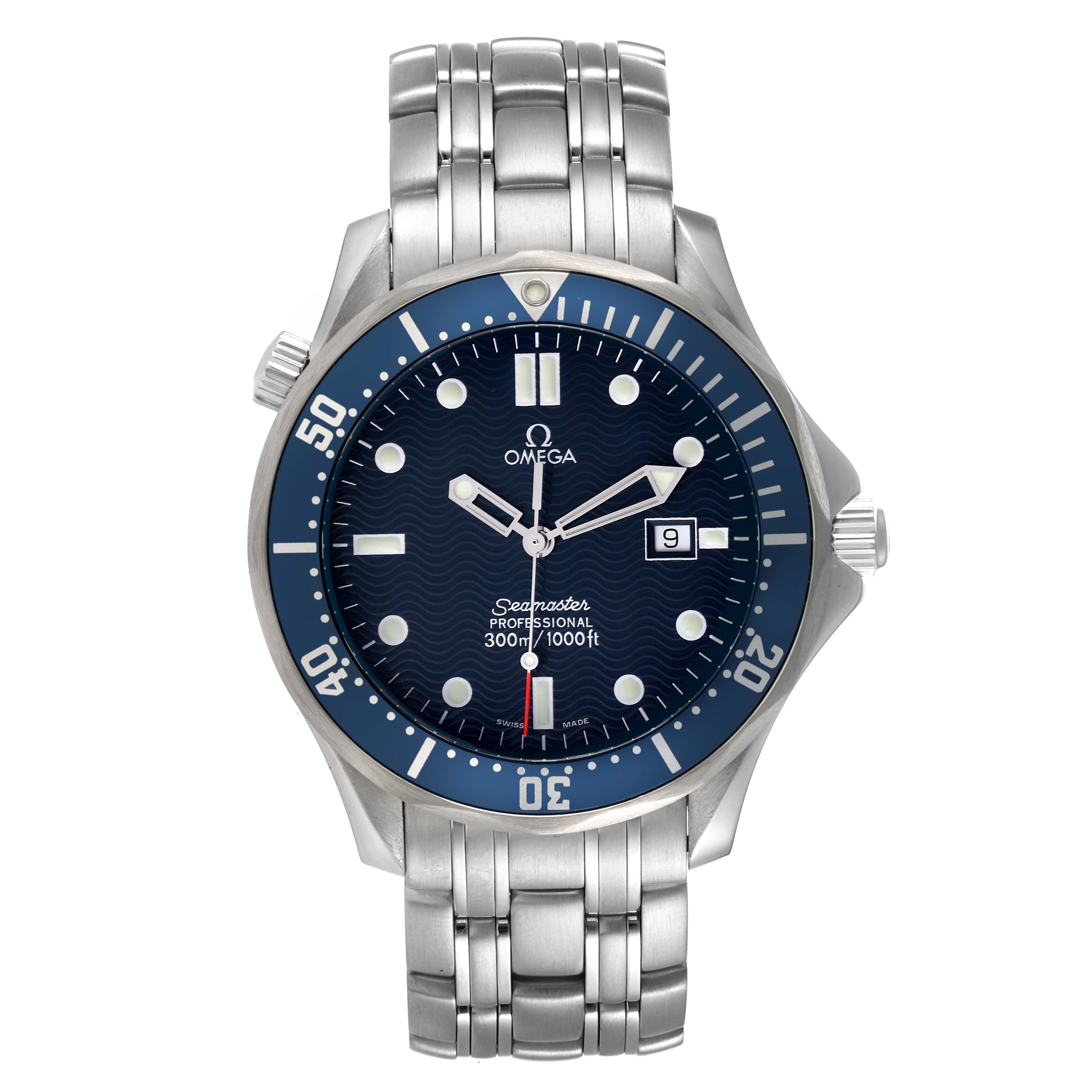 The Omega Seamaster 2541.80.00 Men's Stainless Steel Blue Dial 2541.80.00 Men's Stainless Steel Blue Dial watch is shown from the front, displaying the face, bezel, crown, and part of the metal bracelet.