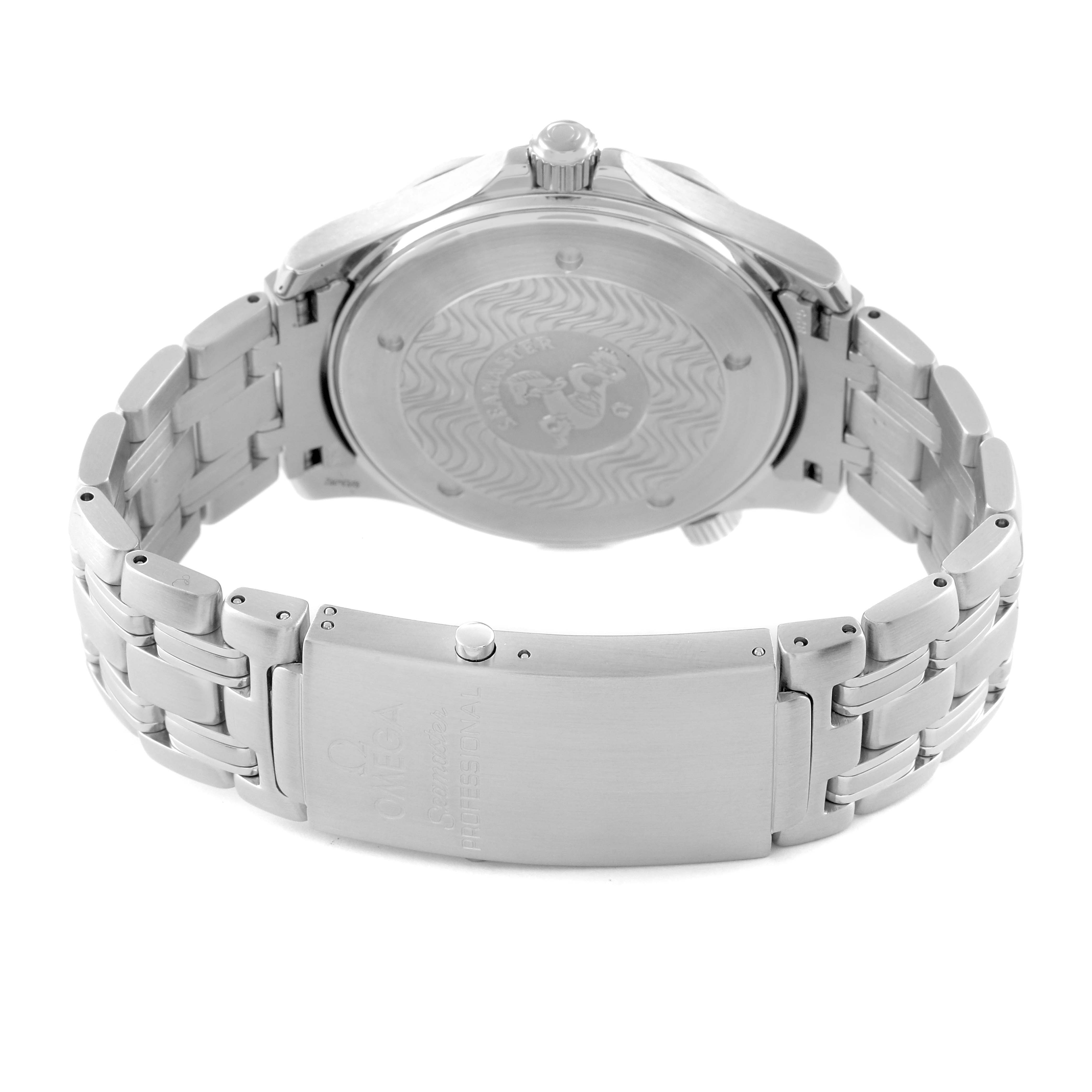 The image shows the back and bracelet of an Omega Seamaster 2541.80.00 Men's Stainless Steel Blue Dial 2541.80.00 Men's Stainless Steel Blue Dial watch from a rear angle.