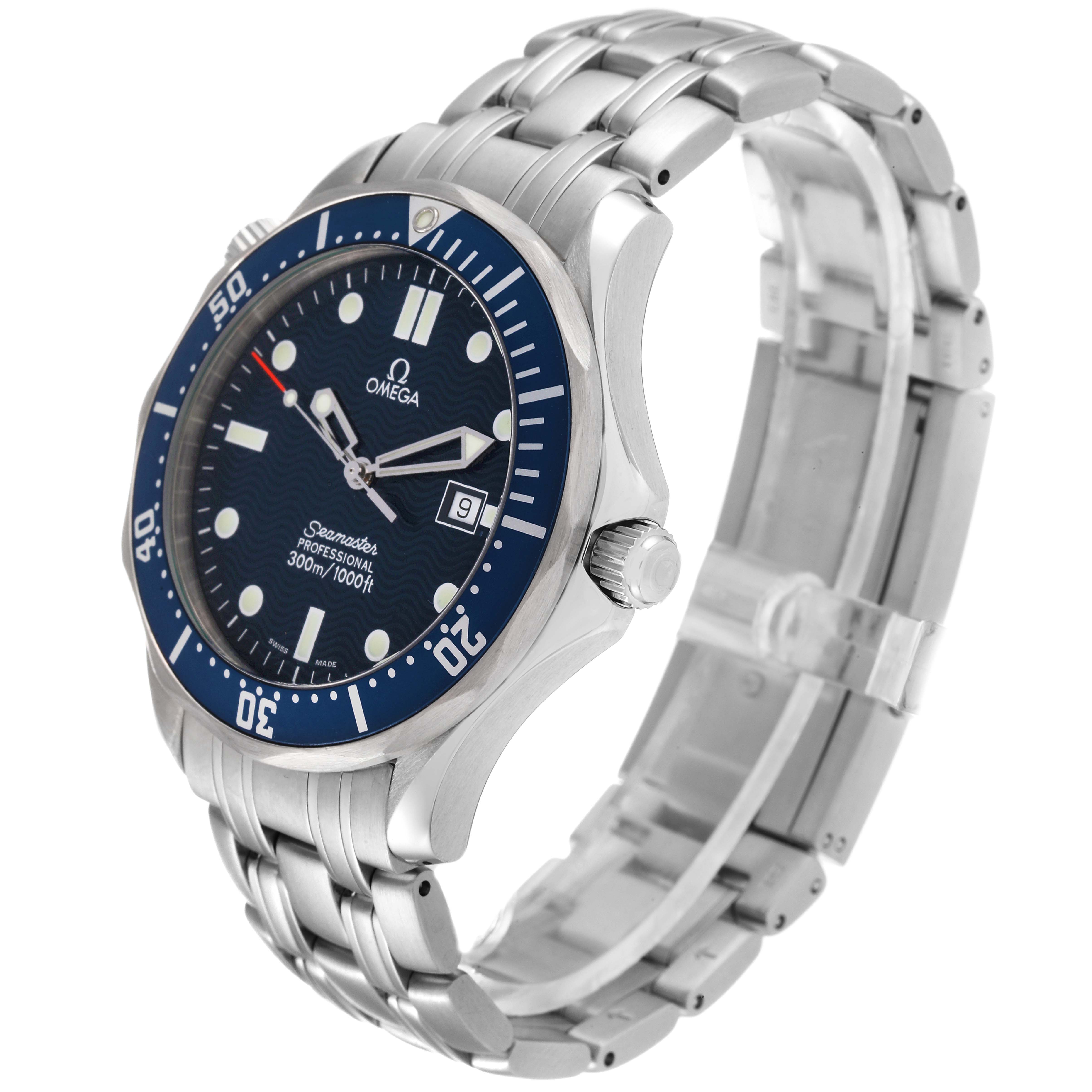 The image shows a side angle of the Omega Seamaster 2541.80.00 Men's Stainless Steel Blue Dial 2541.80.00 Men's Stainless Steel Blue Dial watch, highlighting the blue dial, bezel, crown, and stainless steel bracelet.