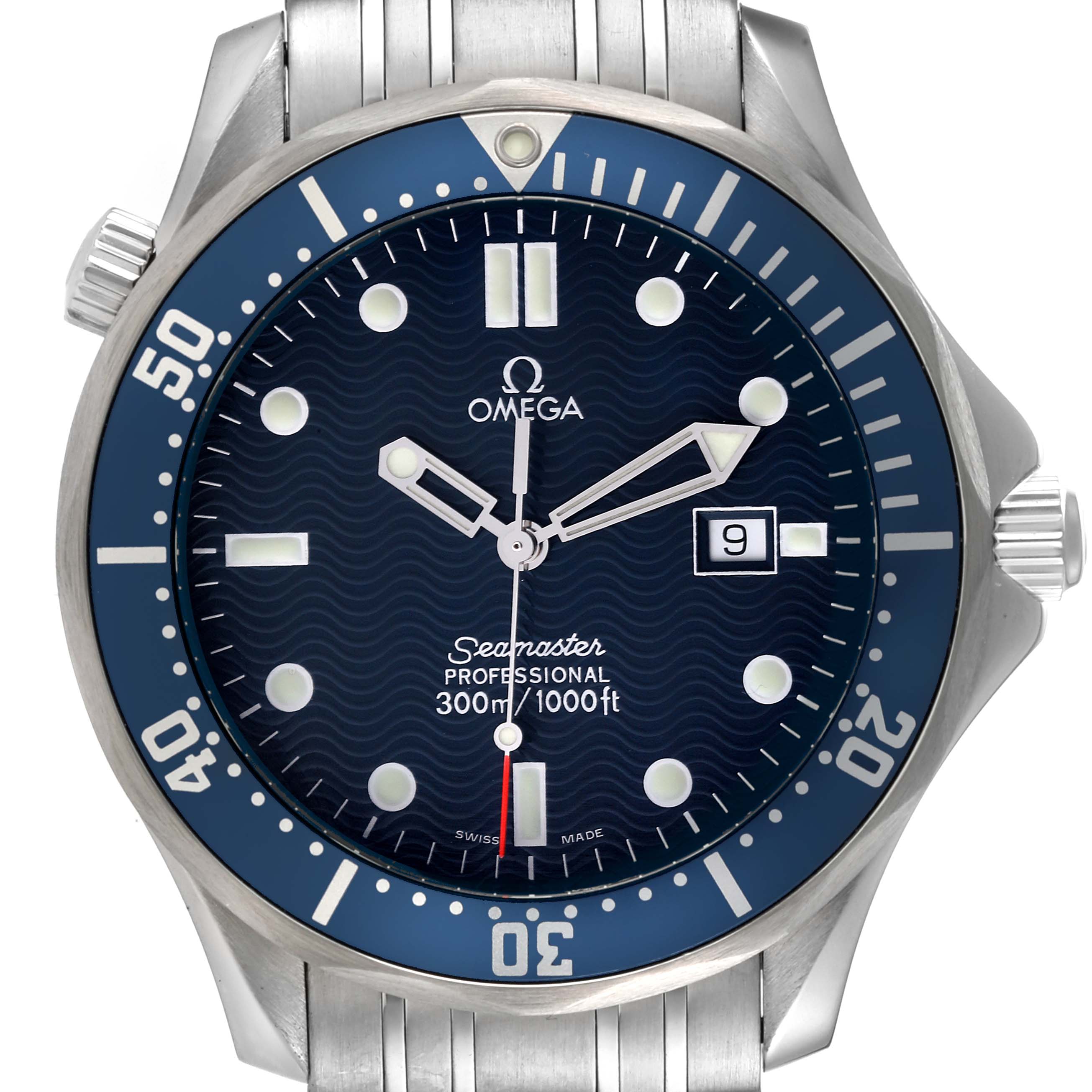 The image shows a front view of the Omega Seamaster 2541.80.00 Men's Stainless Steel Blue Dial 2541.80.00 Men's Stainless Steel Blue Dial watch, highlighting its dial, bezel, hands, and part of the bracelet.