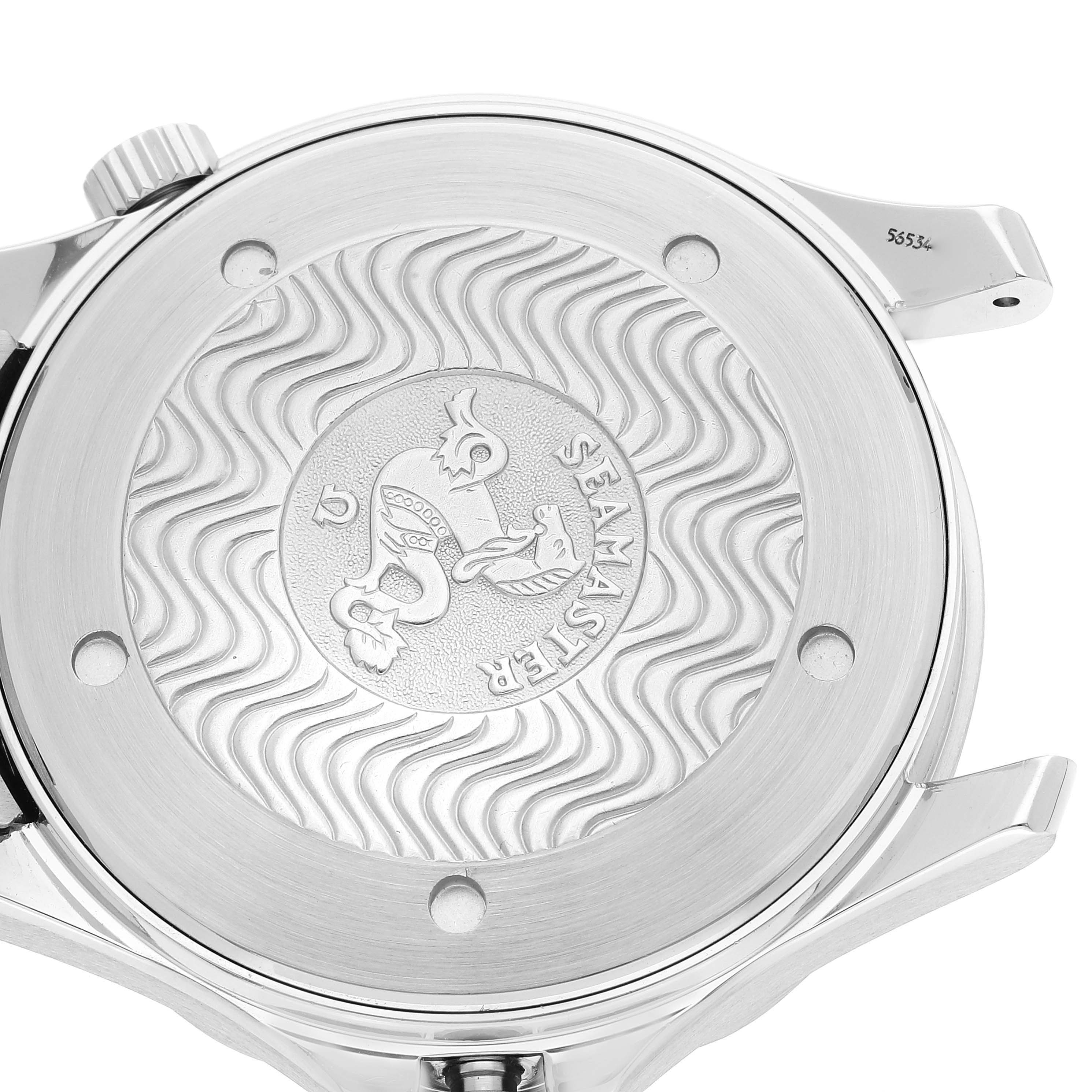 This image shows the case back of an Omega Seamaster 2541.80.00 Men's Stainless Steel Blue Dial 2541.80.00 Men's Stainless Steel Blue Dial watch highlighting the embossed design and branding.