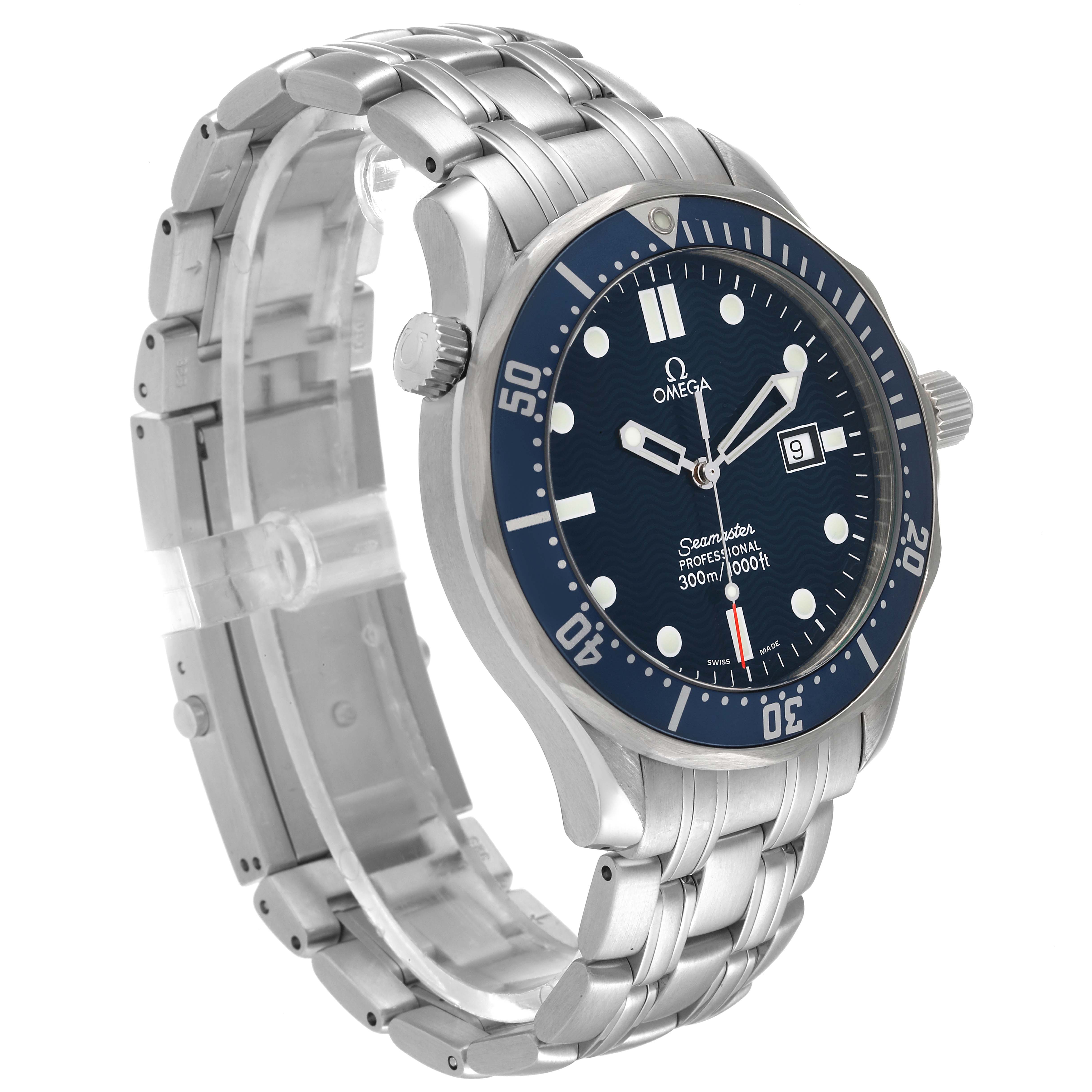 The image shows a side angle of an Omega Seamaster 2541.80.00 Men's Stainless Steel Blue Dial 2541.80.00 Men's Stainless Steel Blue Dial watch, focusing on the dial, bezel, and stainless steel bracelet.