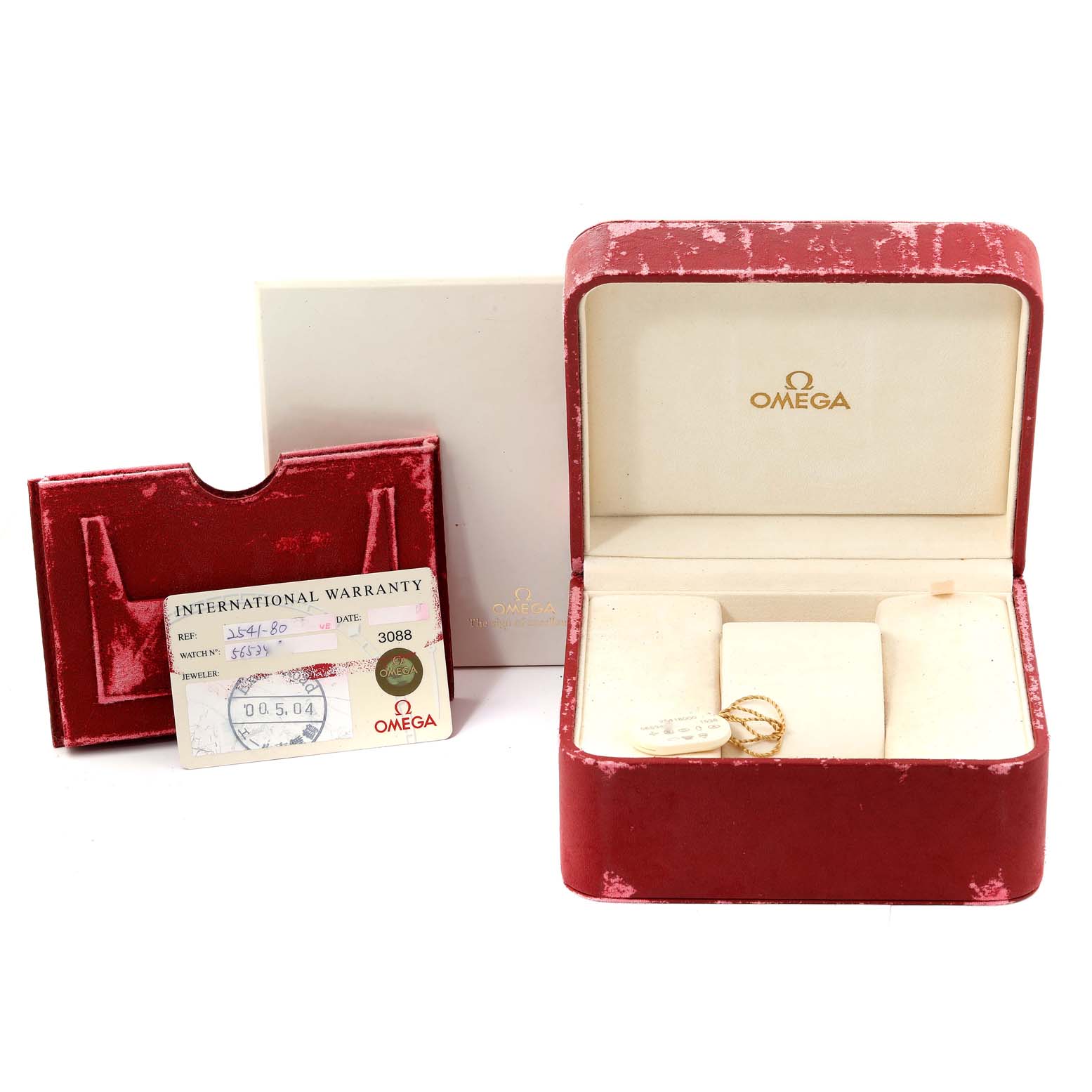 The image shows an empty Omega Seamaster 2541.80.00 Men's Stainless Steel Blue Dial 2541.80.00 Men's Stainless Steel Blue Dial watch box, international warranty card, and a red cardholder, viewed from the front.