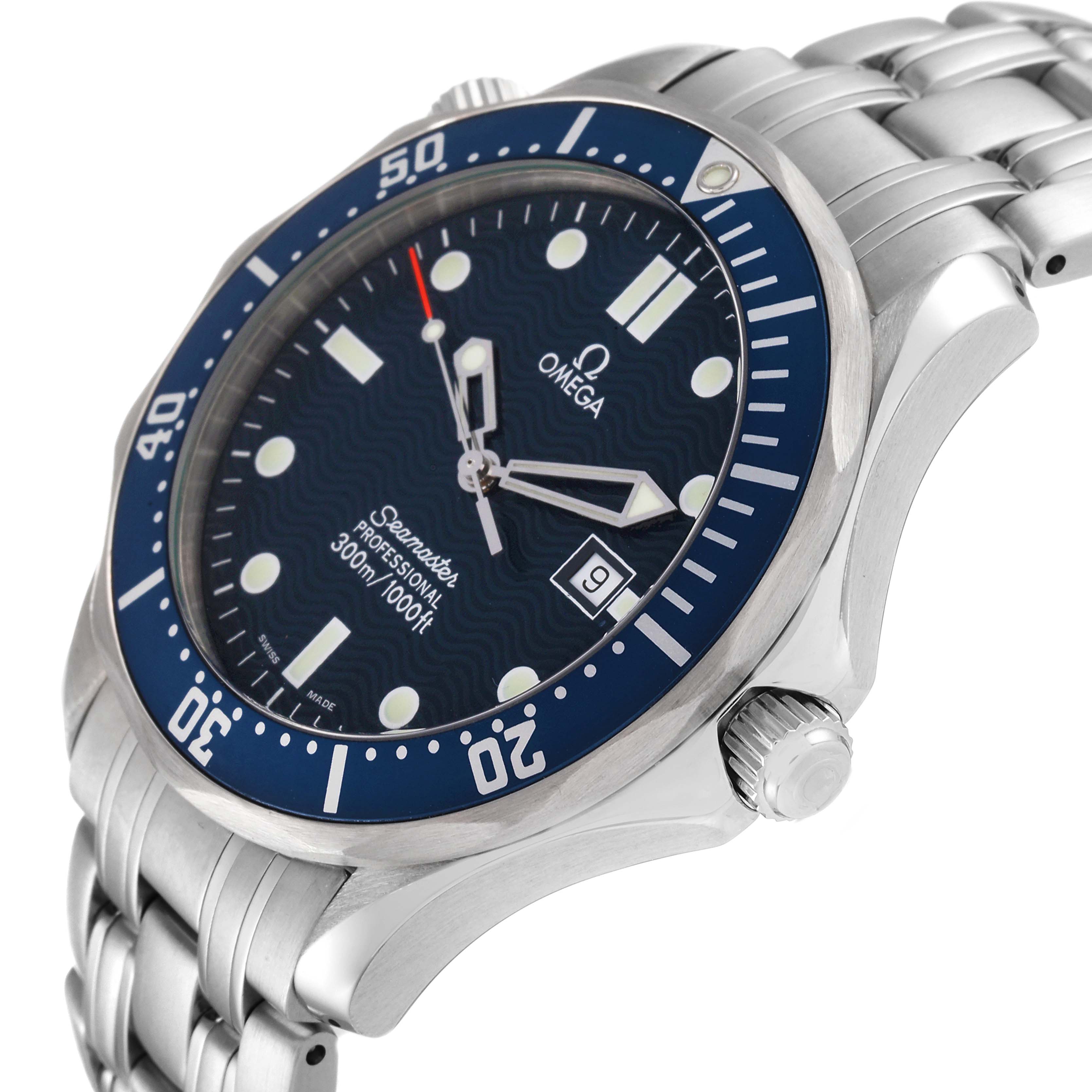 The Omega Seamaster 2541.80.00 Men's Stainless Steel Blue Dial 2541.80.00 Men's Stainless Steel Blue Dial watch is shown at an angled close-up, highlighting the dial, bezel, crown, and part of the bracelet.