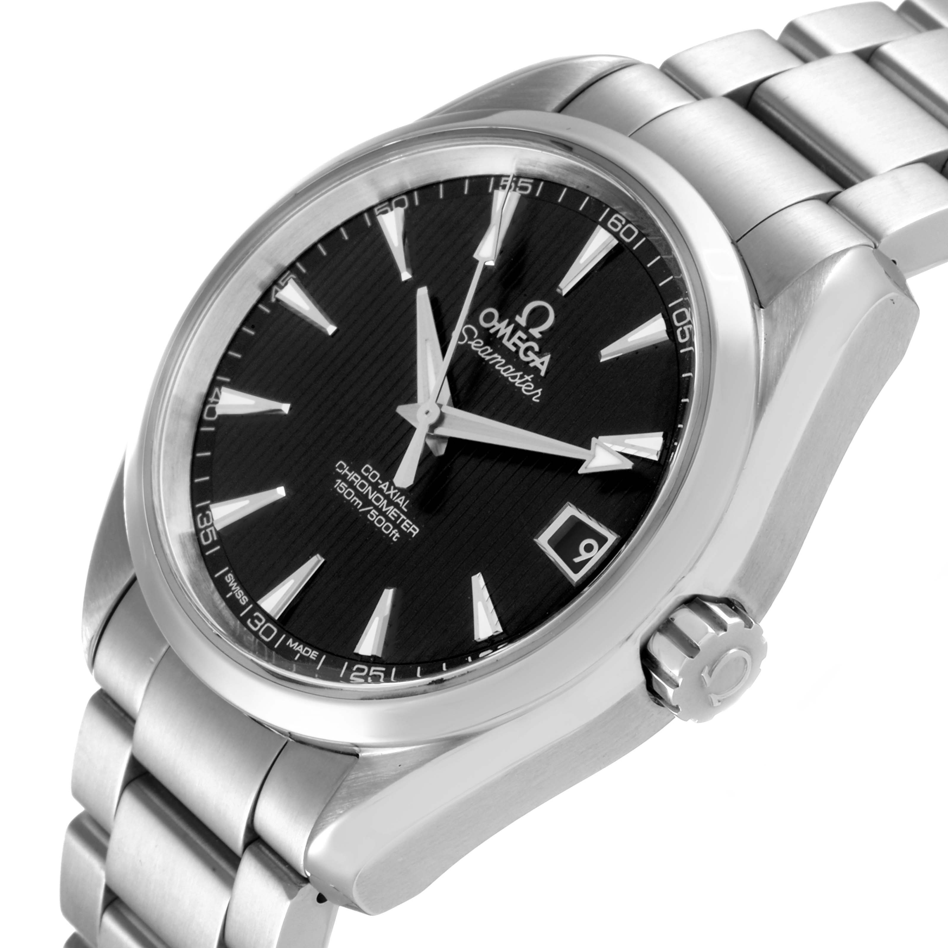 The Omega Aqua Terra 231.10.39.21.01.001 Men's Stainless Steel Black Dial 231.10.39.21.01.001 Men's Stainless Steel Black Dial watch is shown at a three-quarter angle, highlighting the dial, bezel, and bracelet.