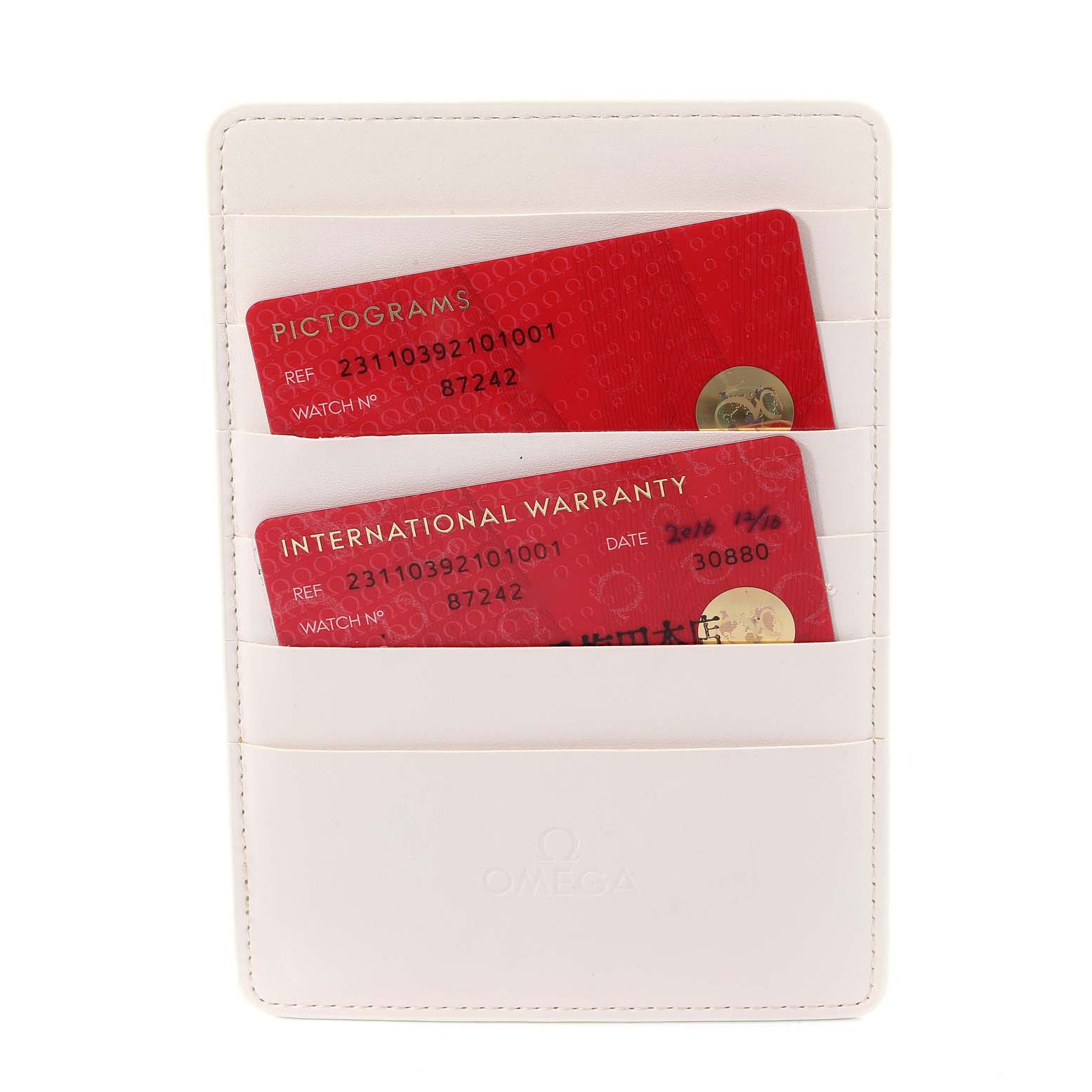 The image shows warranty and pictogram cards for the Omega Aqua Terra 231.10.39.21.01.001 Men's Stainless Steel Black Dial 231.10.39.21.01.001 Men's Stainless Steel Black Dial model, placed in a white card holder.