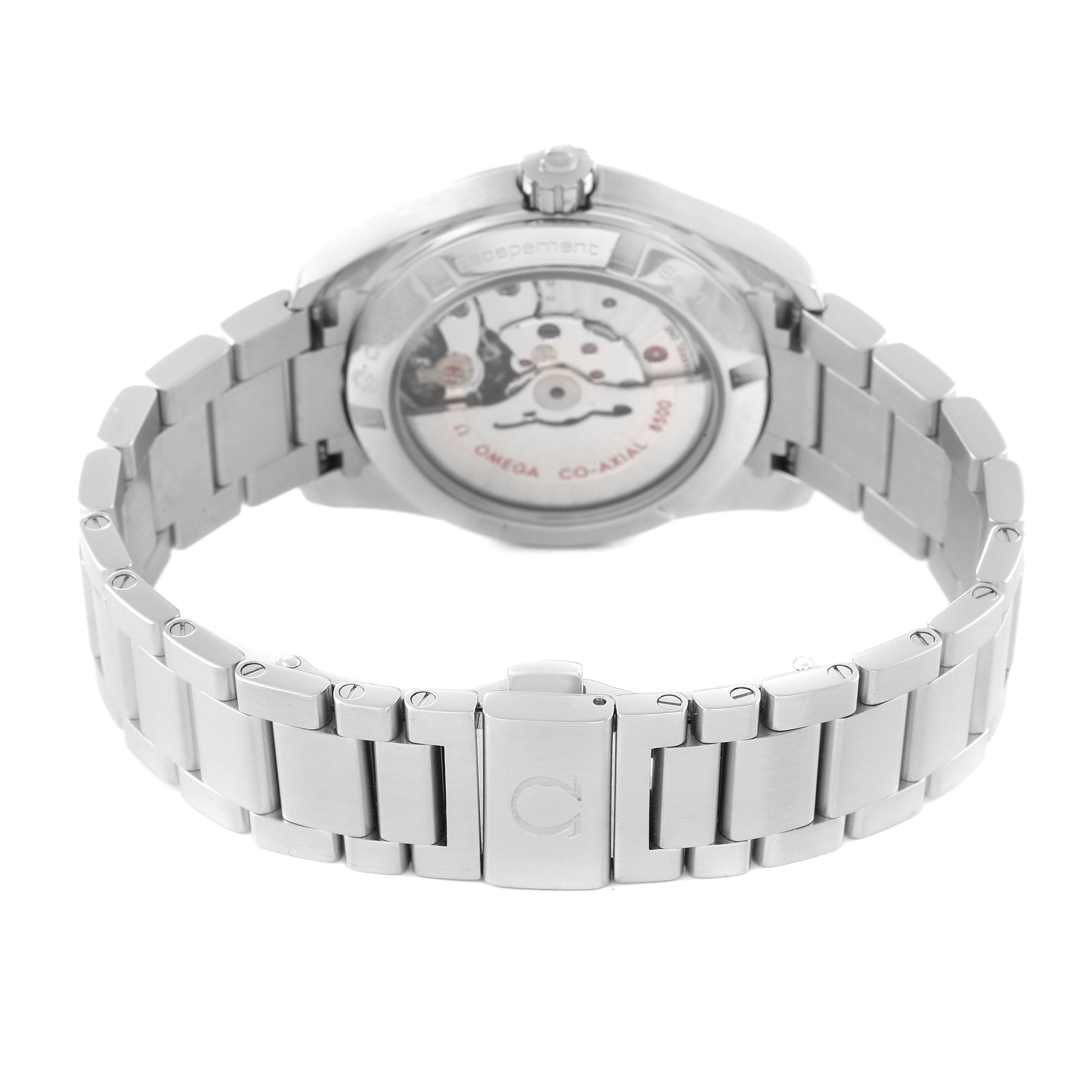 The Omega Aqua Terra 231.10.39.21.01.001 Men's Stainless Steel Black Dial 231.10.39.21.01.001 Men's Stainless Steel Black Dial watch is shown from the back, displaying the movement through the transparent case back and the metal bracelet.