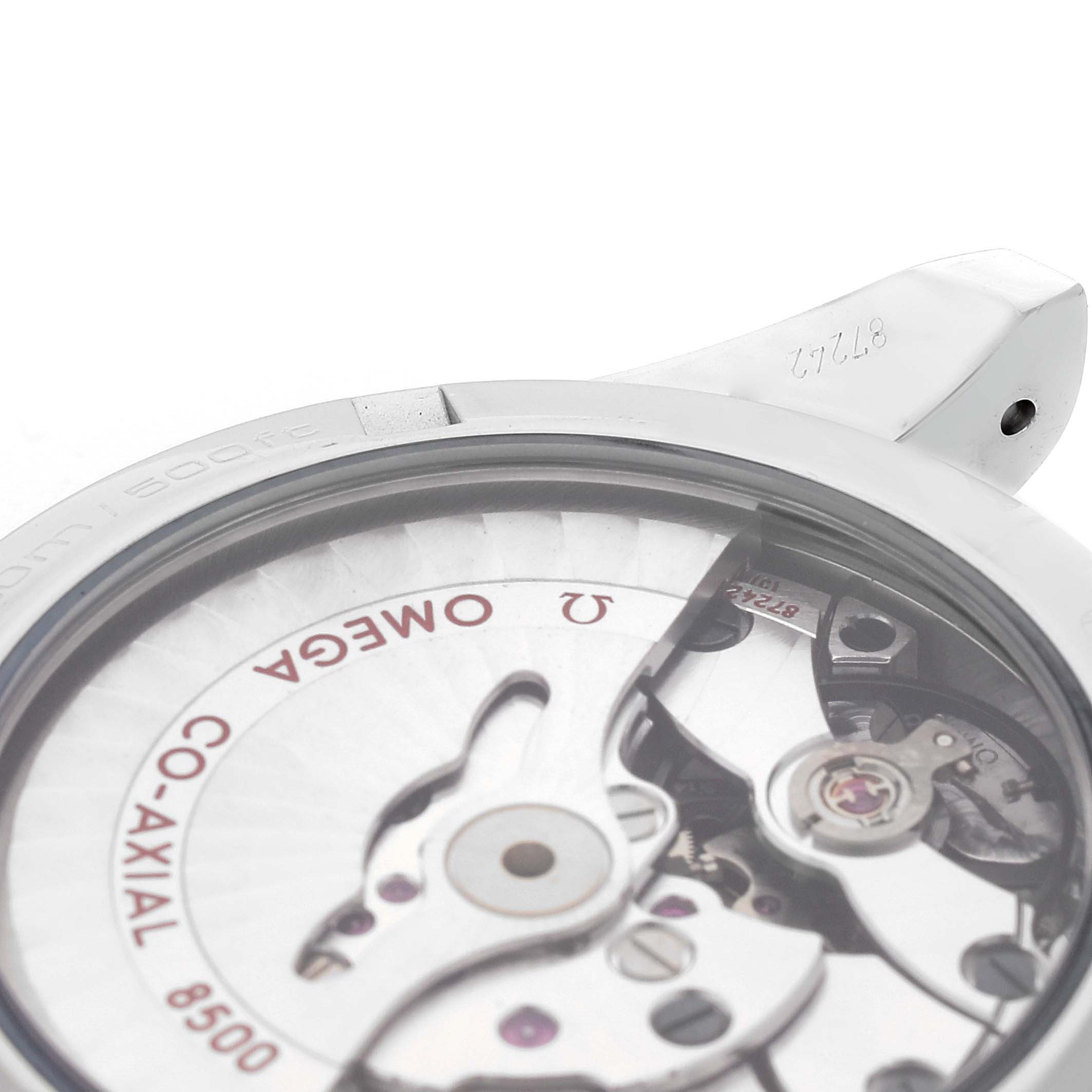 This image shows the back view of the Omega Aqua Terra 231.10.39.21.01.001 Men's Stainless Steel Black Dial 231.10.39.21.01.001 Men's Stainless Steel Black Dial model, highlighting its Co-Axial 8500 movement.