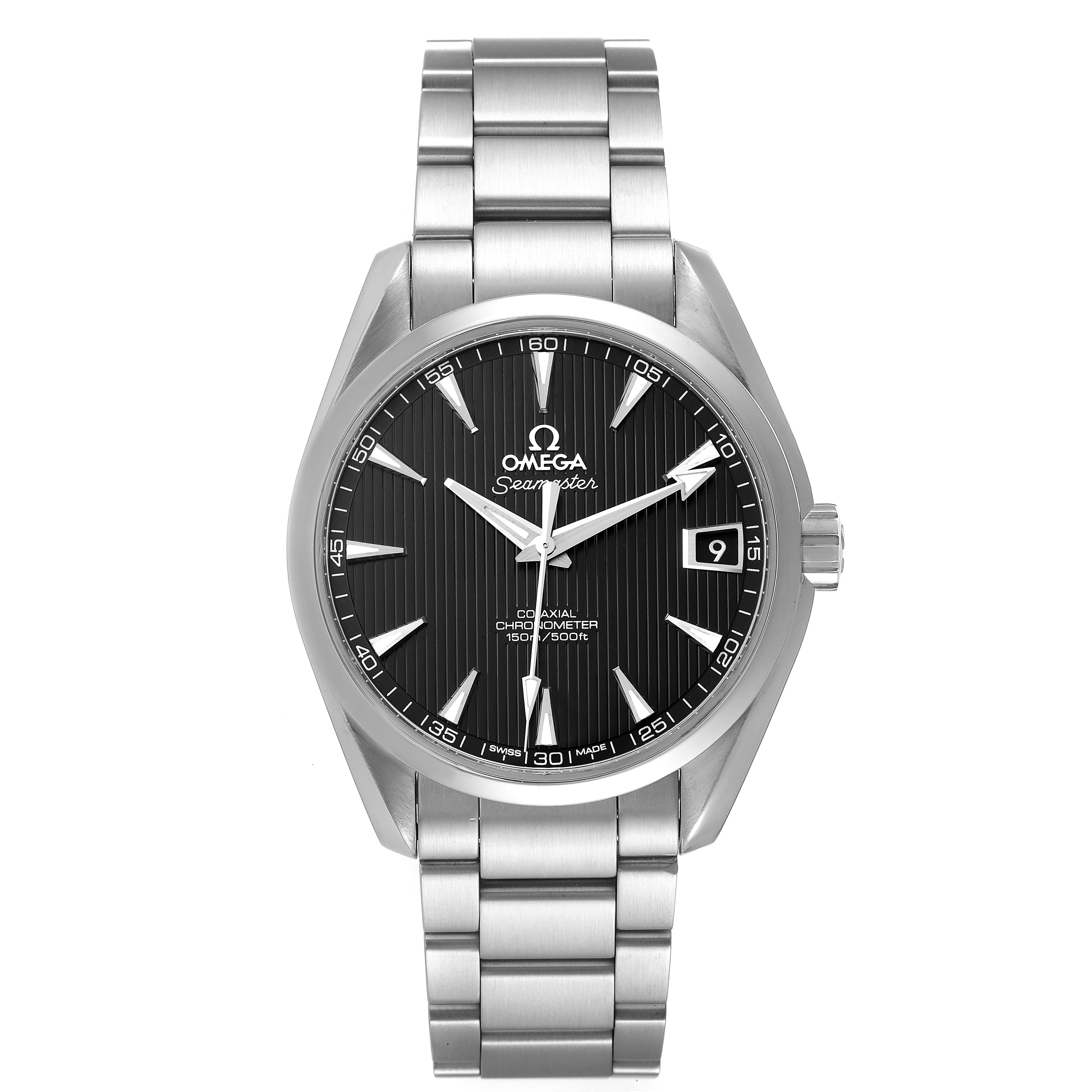 The image shows a front view of the Omega Aqua Terra 231.10.39.21.01.001 Men's Stainless Steel Black Dial 231.10.39.21.01.001 Men's Stainless Steel Black Dial Seamaster watch, displaying the dial, hands, bracelet, and crown.