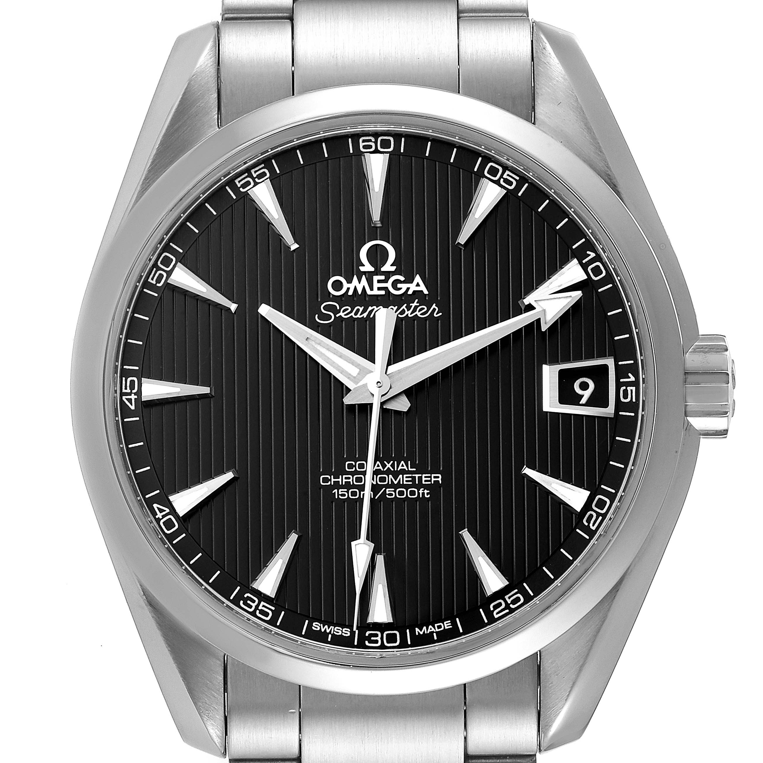 This is a front view of the Omega Aqua Terra 231.10.39.21.01.001 Men's Stainless Steel Black Dial 231.10.39.21.01.001 Men's Stainless Steel Black Dial watch, showing the face, bezel, and part of the bracelet.