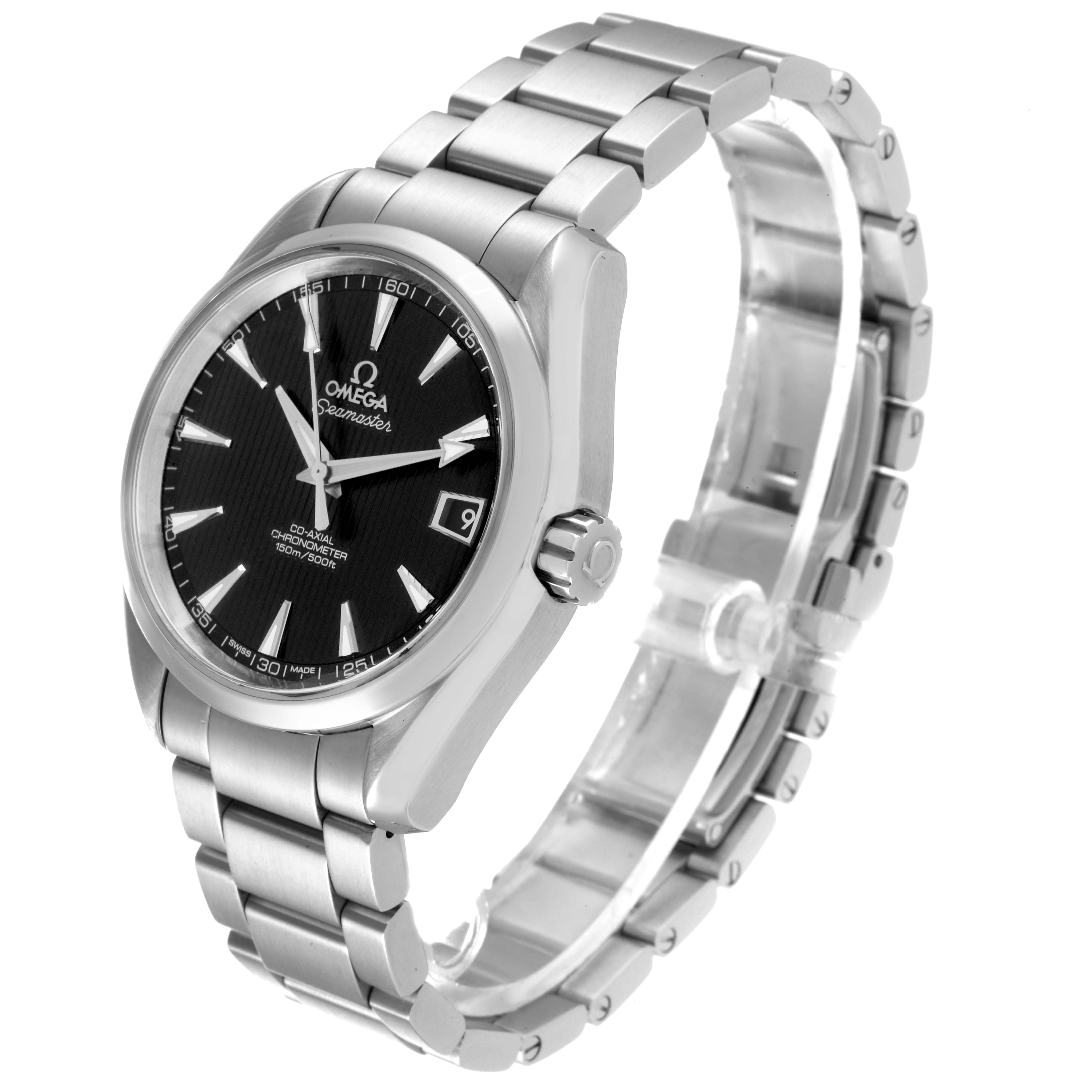 The image shows an Omega Aqua Terra 231.10.39.21.01.001 Men's Stainless Steel Black Dial 231.10.39.21.01.001 Men's Stainless Steel Black Dial watch at an angled view, displaying the face, bezel, crown, and bracelet.