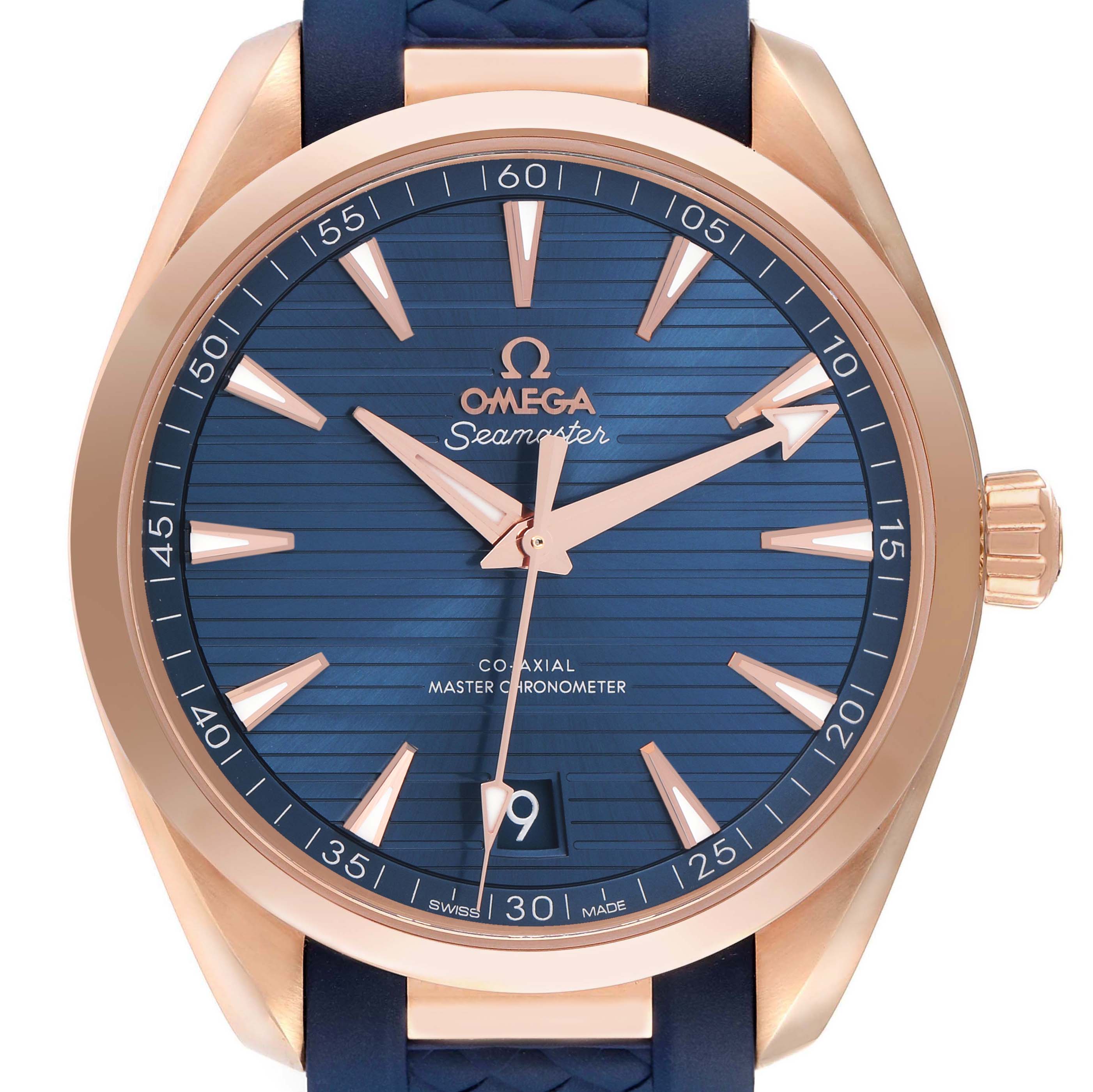 The Omega Aqua Terra 220.52.41.21.03.001 Men's Rose Gold Blue Dial watch is shown from the front, highlighting the face, bezel, crown, and part of the strap.