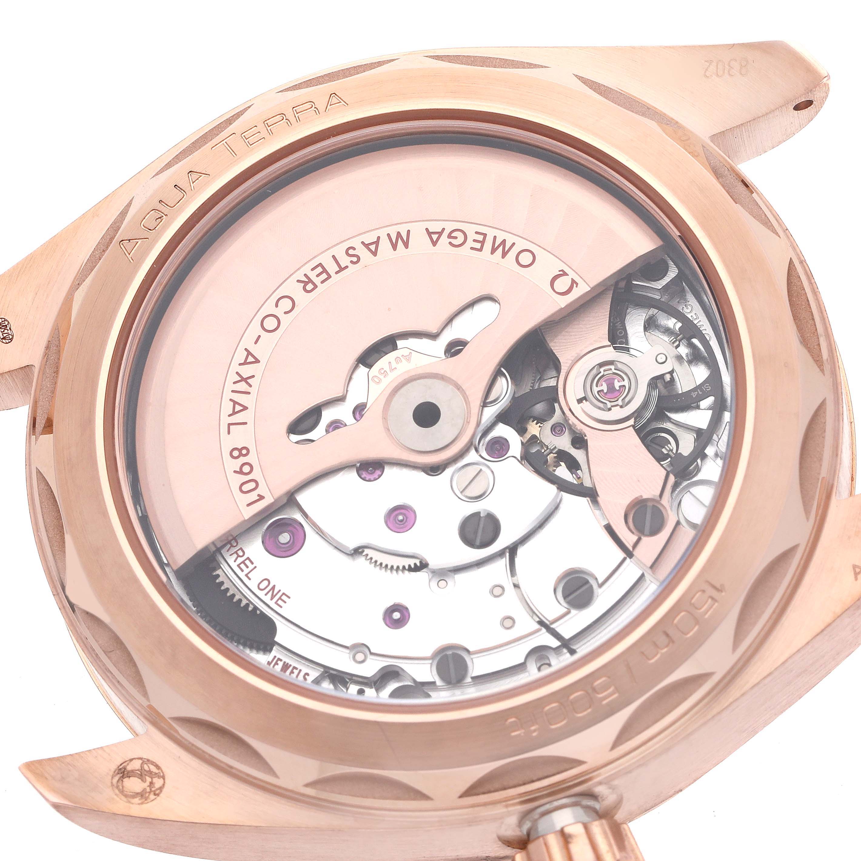 The image shows the back of the Omega Aqua Terra 220.52.41.21.03.001 Men's Rose Gold Blue Dial watch, highlighting the Co-Axial 8901 movement.