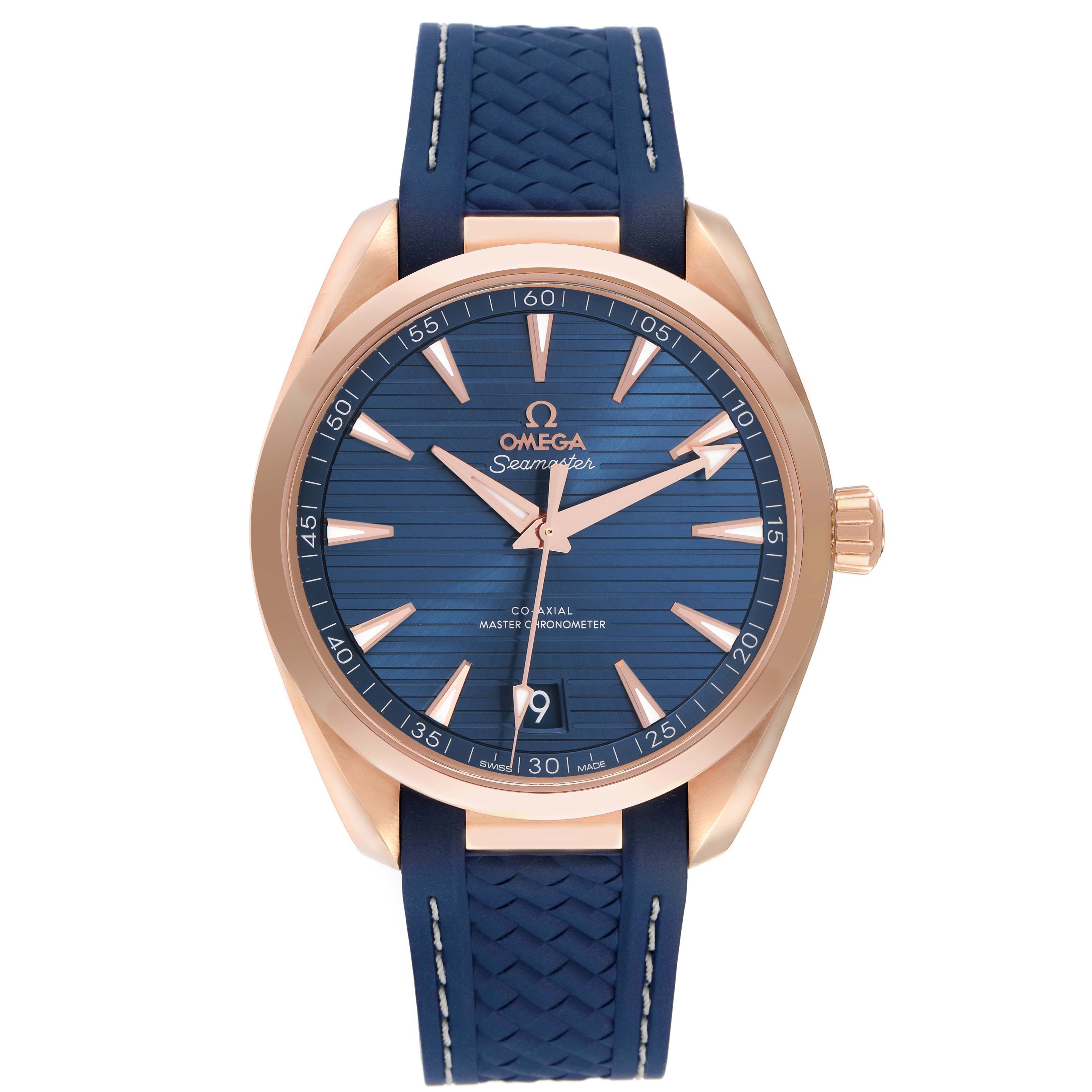 The Omega Aqua Terra 220.52.41.21.03.001 Men's Rose Gold Blue Dial watch is shown from the front, highlighting its blue dial, rose gold case, hands, and blue strap.