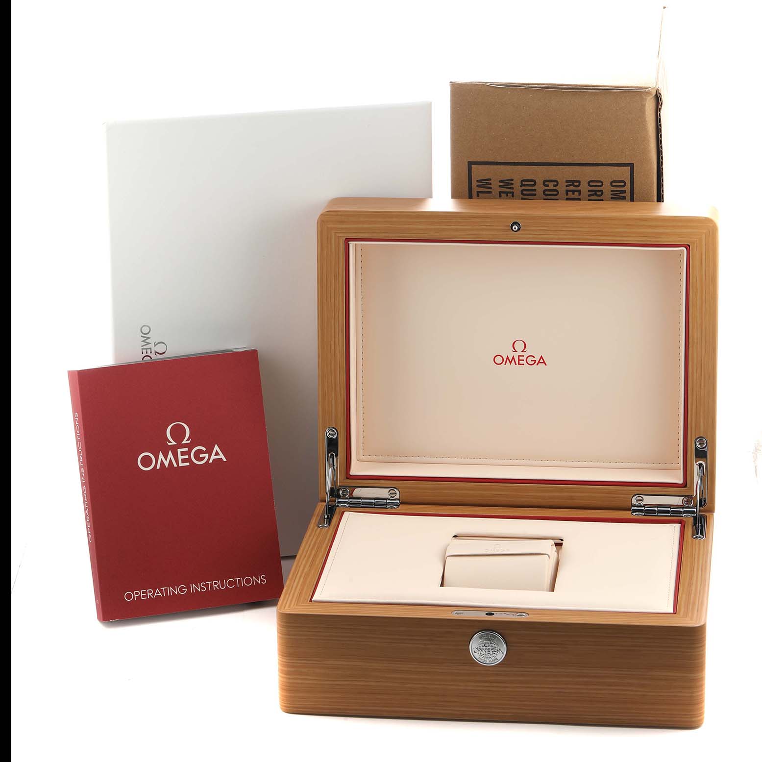 The image shows an Omega Aqua Terra 220.52.41.21.03.001 Men's Rose Gold Blue Dial watch box, operating instructions, and packaging at a frontal angle.