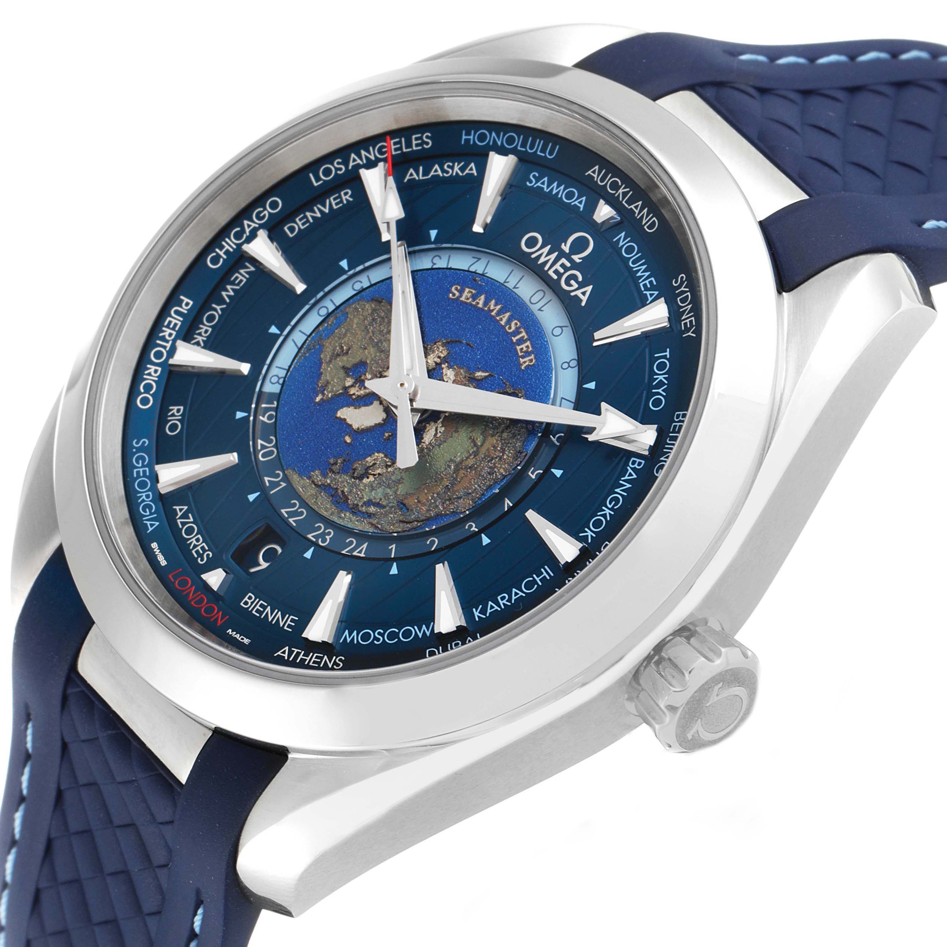 The Omega Aqua Terra 220.12.43.22.03.001 Men's Stainless Steel Blue Dial watch is shown at a slight angle, highlighting the dial, cities, crown, and blue strap.