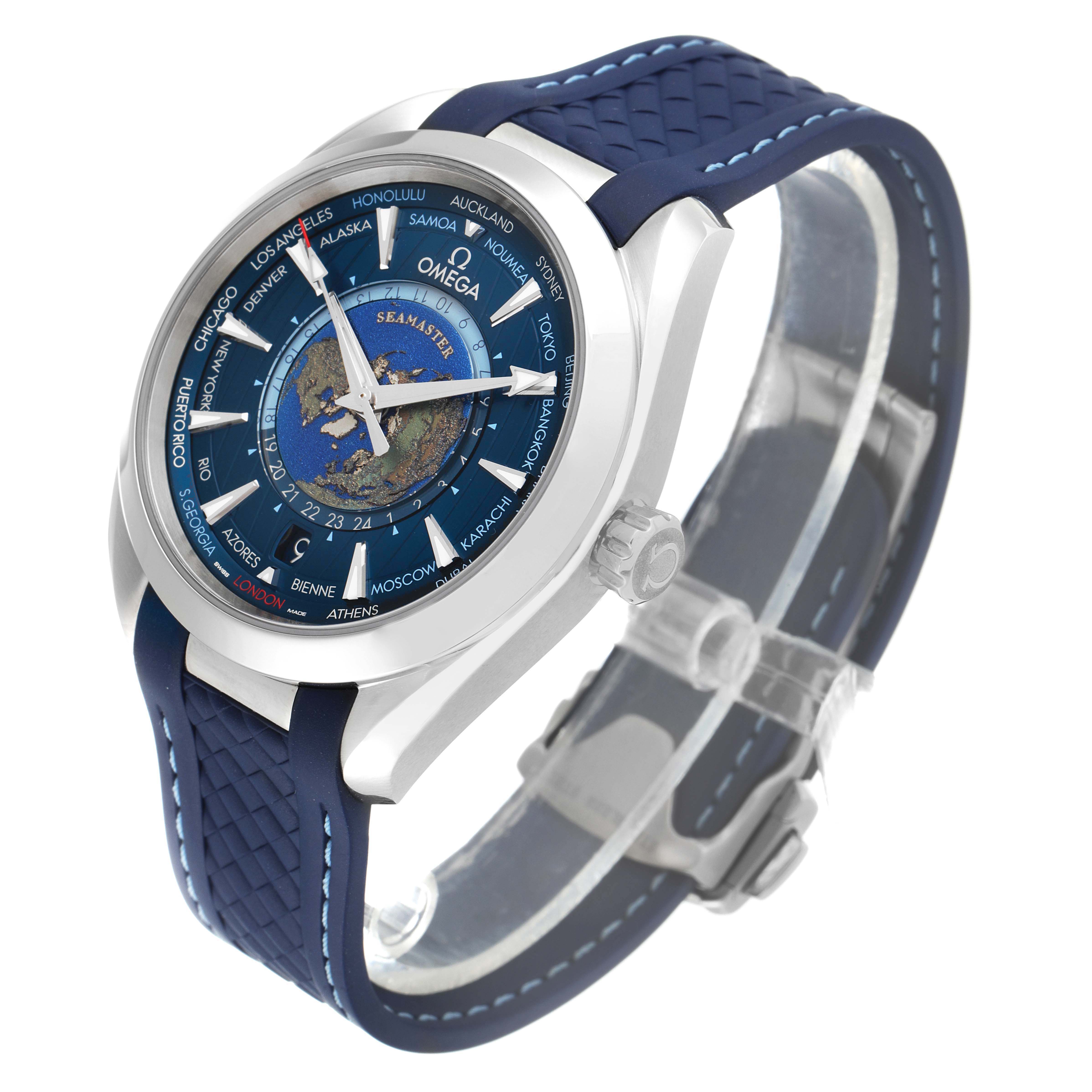 The Omega Aqua Terra 220.12.43.22.03.001 Men's Stainless Steel Blue Dial watch is shown from a three-quarter angle highlighting the face, bezel, crown, and blue strap.